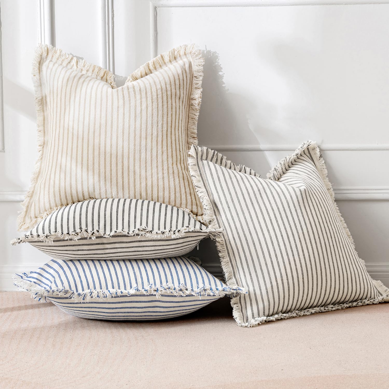 Miulee Pack Of 2 Khaki Pillow Covers 22X22 Inch Striped Farmhouse Couch Throw Pillow Covers With Fringe Chic Linen Decorative Cushion Covers For Sofa Living Room Bed Home Decor