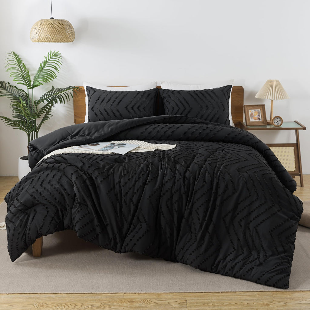 Andency Black Comforter King, Boho Soft Fluffy Warm Lightweight Bedding Comforter Sets For King Bed, 3 Pieces Chevron Tufted Aesthetic Microfiber Lightweight Comforter Set