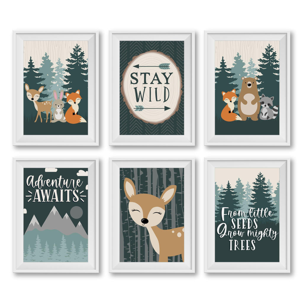Hadley Designs 6 Reversible 8x10 Woodland Nursery Decor For Boys Prints, Baby Boy Nursery Decor, Woodland Wall Decor Baby Shower