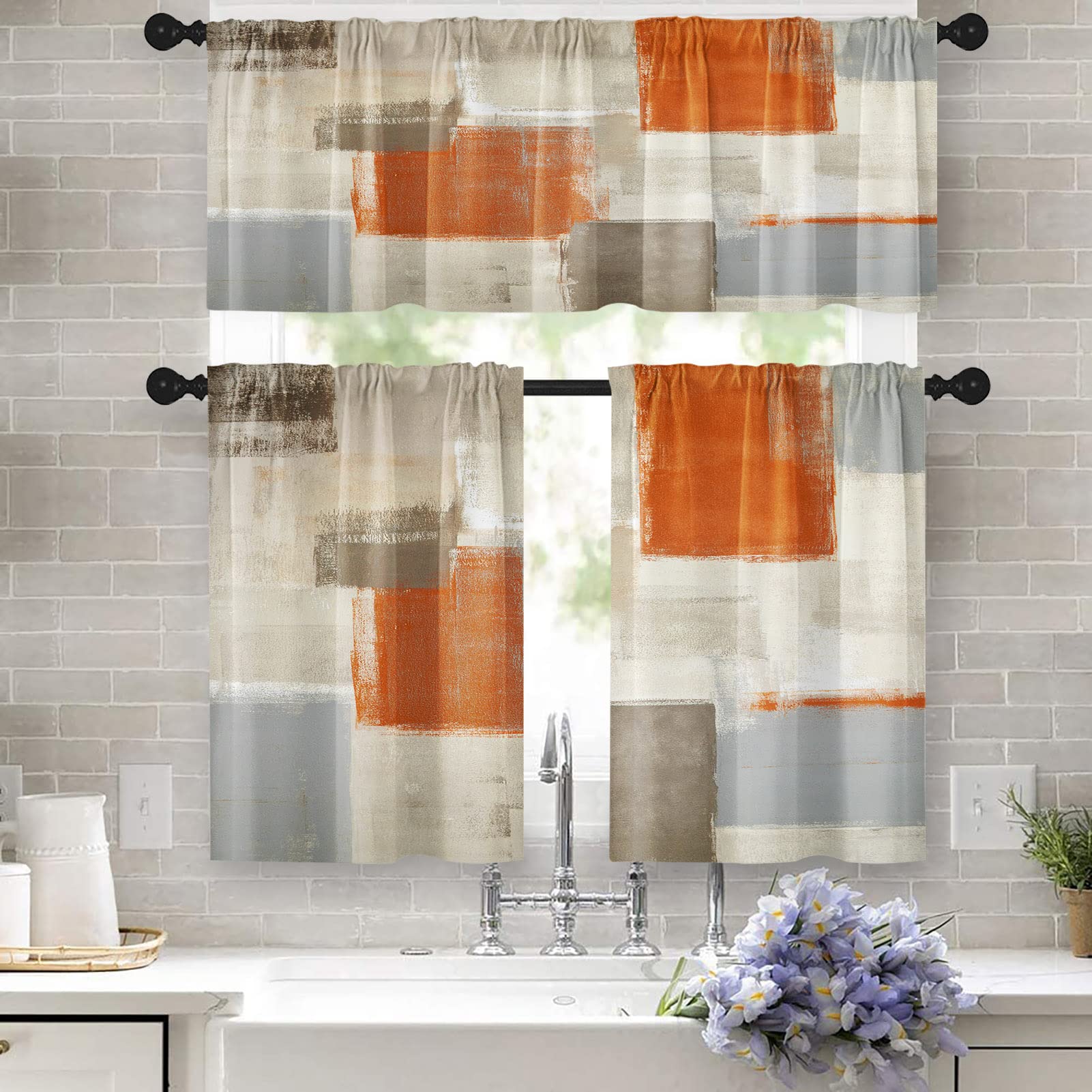 Tayney Orange Kitchen Curtains Grey Beige Window Curtains Valance And Tier Set 36 Inch, Contemporary Rod Pocket Short Tier Curta