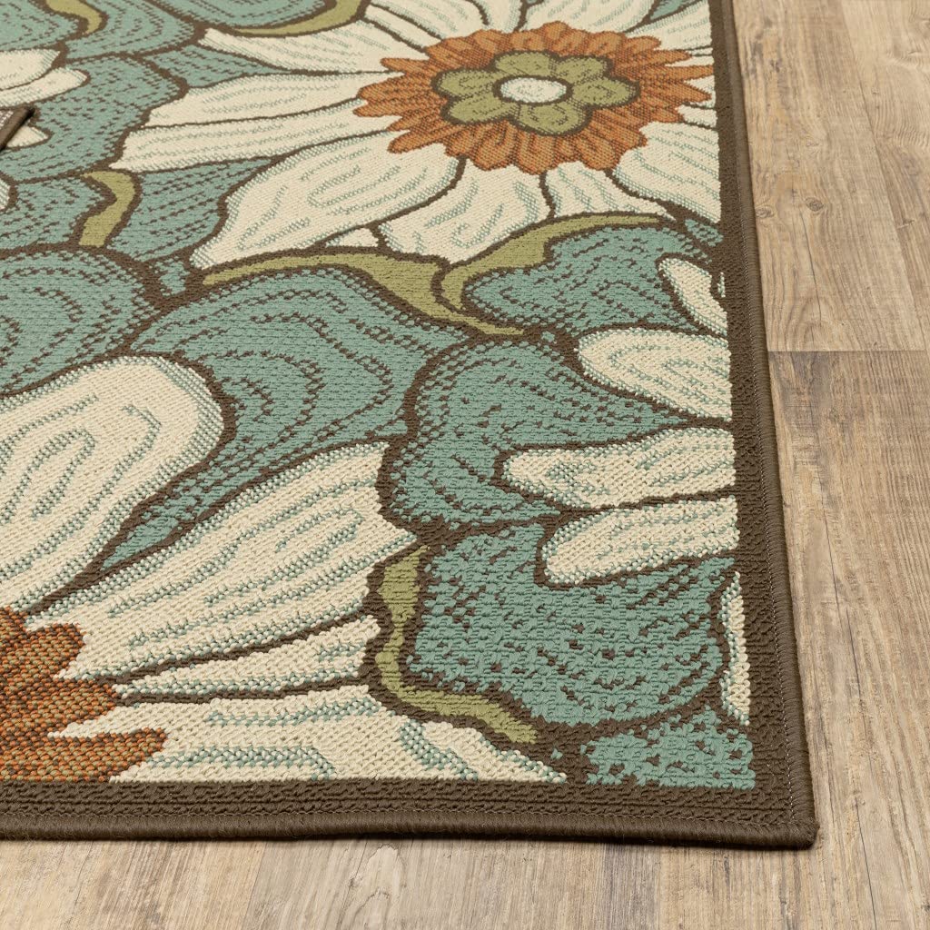 HomeRoots Polypropylene 7’x10’ Blue and Brown Floral Indoor Outdoor Area Rug