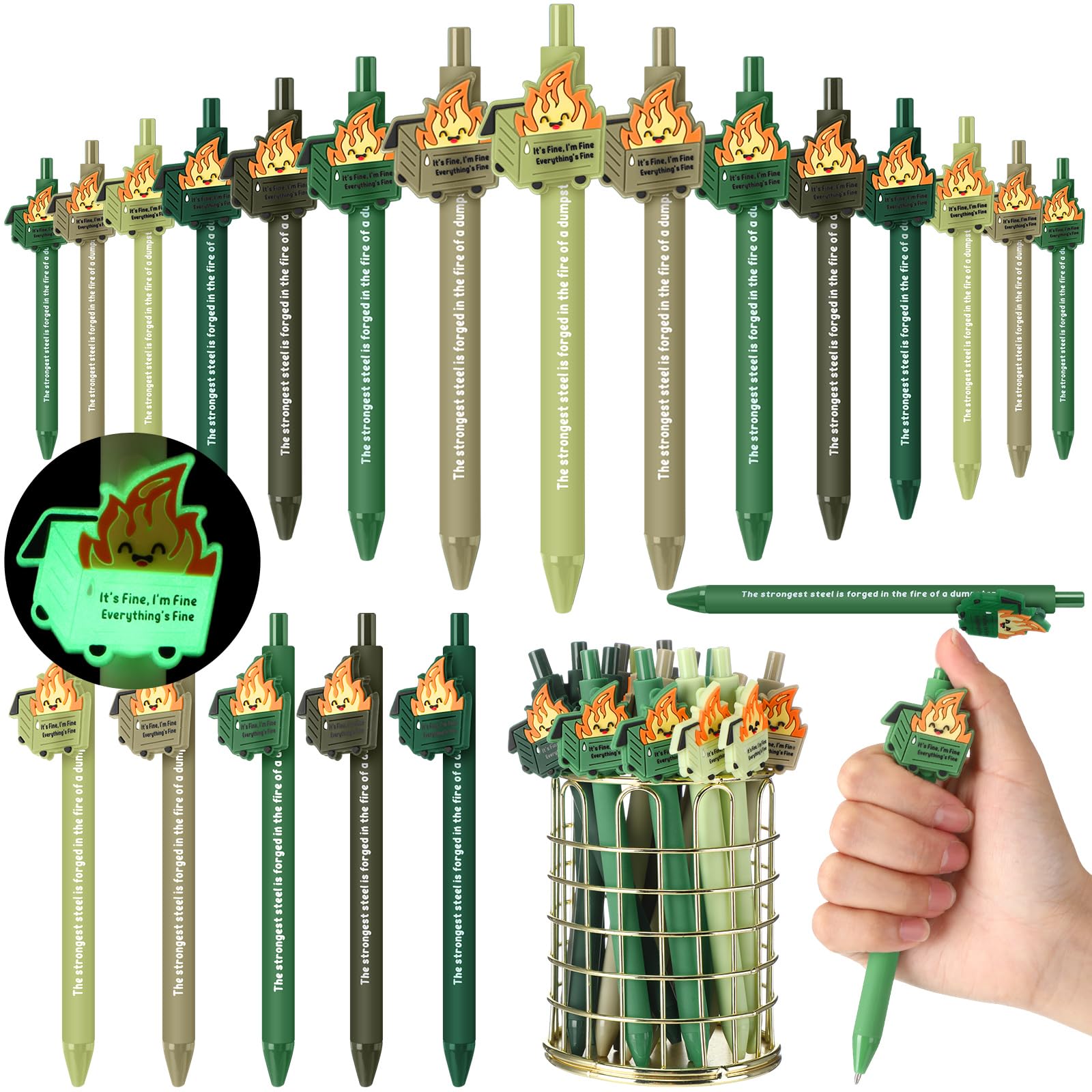 Sayglossy 40 Pcs Dumpster Fire Pen Gift Funny Luminous Dumpster Fire Ballpoint Pen with Saying Emotional Staff Appreciation Supp