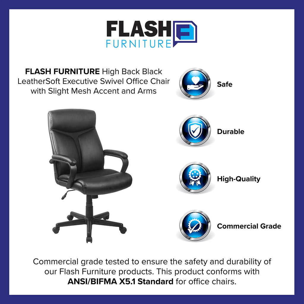 Flash Furniture Raya High Back Black Leathersoft Executive Swivel Office Chair With Slight Mesh Accent And Arms