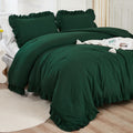 Litanika Dark Emerald Green King Comforter Set, 3 Pieces Boho Vintage Solid Forest Ruffle Bedding Set, All Season Lightweight Be