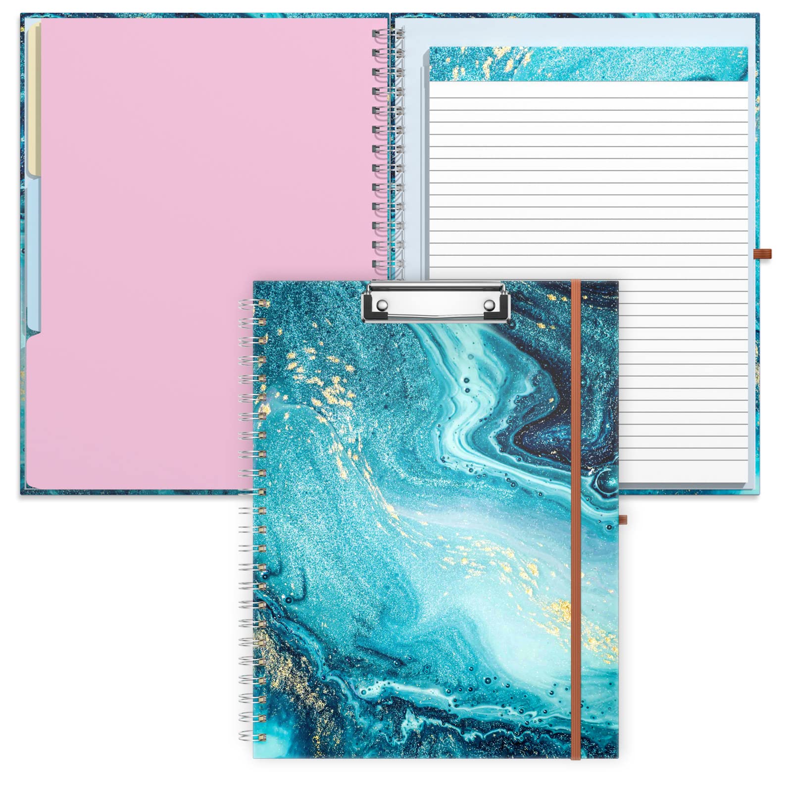 Rimilak Spiral Clipboard Folio With Refillable Lined Notepad, 14.5 X 9.8 In, Hardcover Cover With 5 Interior Pockets, Elastic Ba