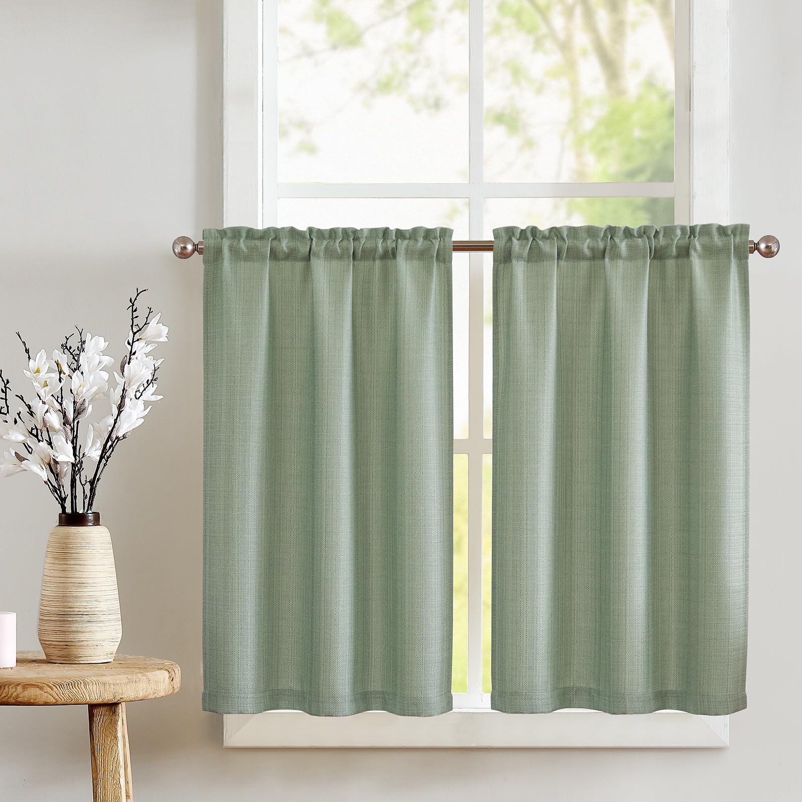 jinchan Kitchen Curtains Tier Curtains for Living Room Light Heathered Green Linen Textured Cafe Curtains Bathroom Farmhouse Cou