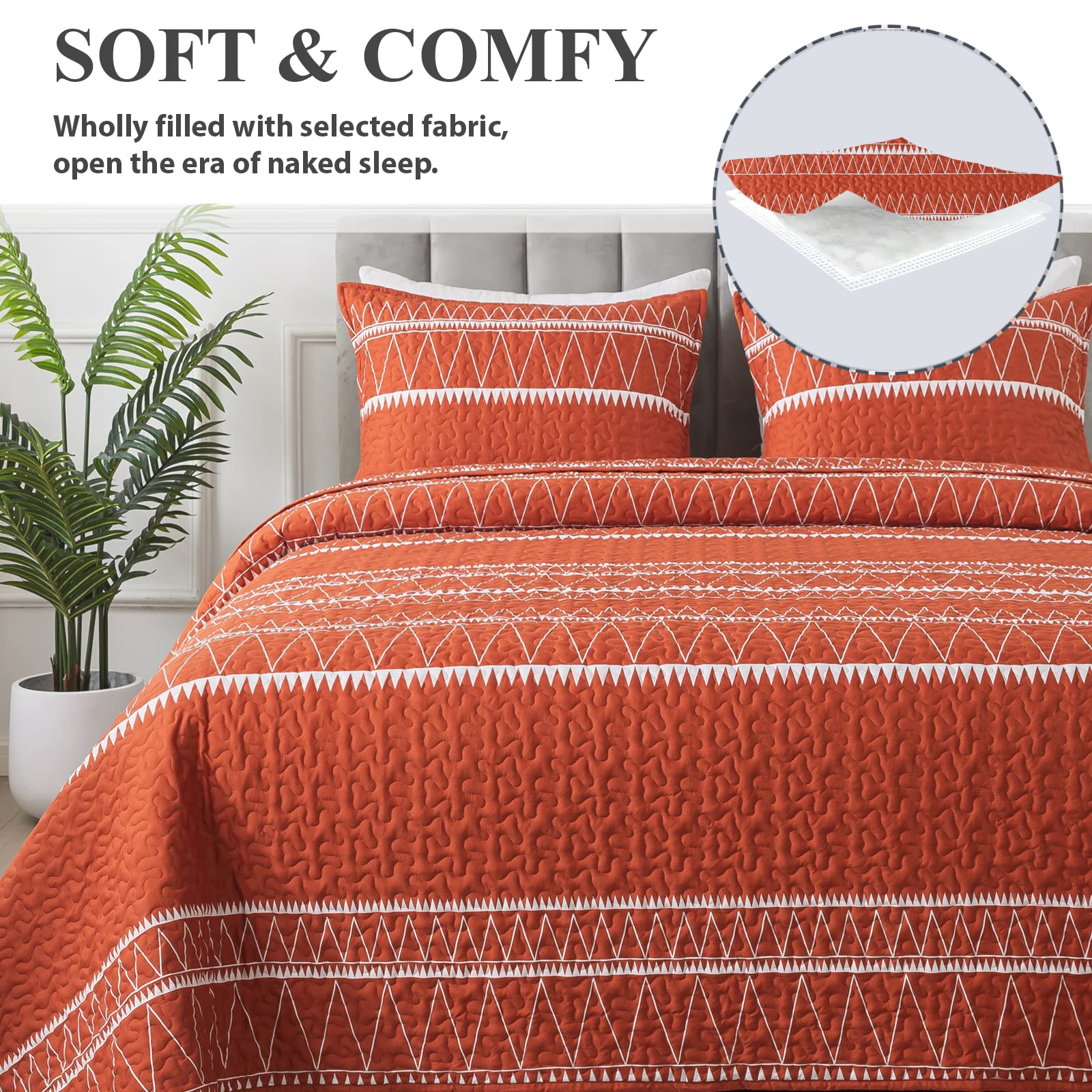 Andency Terracotta Quilt Set California King (112X104 Inch), 3 Pieces(1 Striped Triangle Printed Quilt And 2 Pillowcases), Burnt Orange Bohemian Summer Lightweight Reversible Bedspread Coverlet Sets