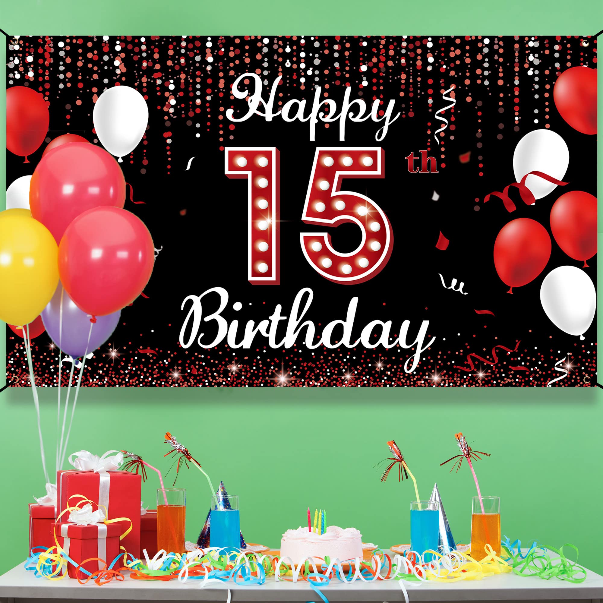 15Th Birthday Backdrop Banner, Happy 15Th Birthday Decorations For Girls, Red Black 15 Year Old Birthday Party Photo Booth Props