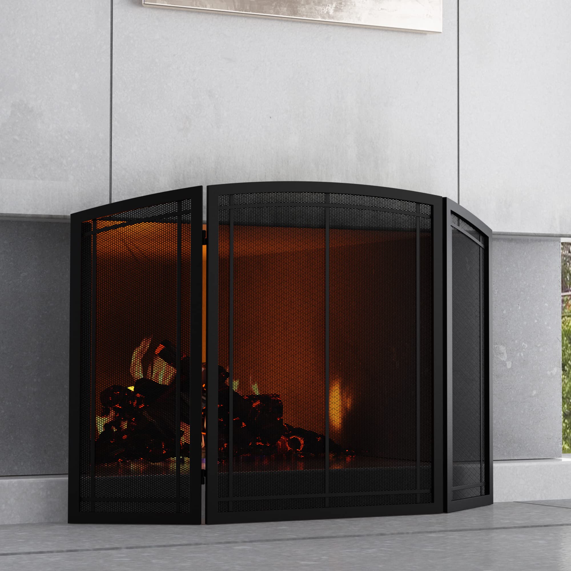 FireBeauty Fireplace Screen 3 Panel Wrought Iron Black Metal 48(L) x30(H) Spark Guard Cover (Modern)