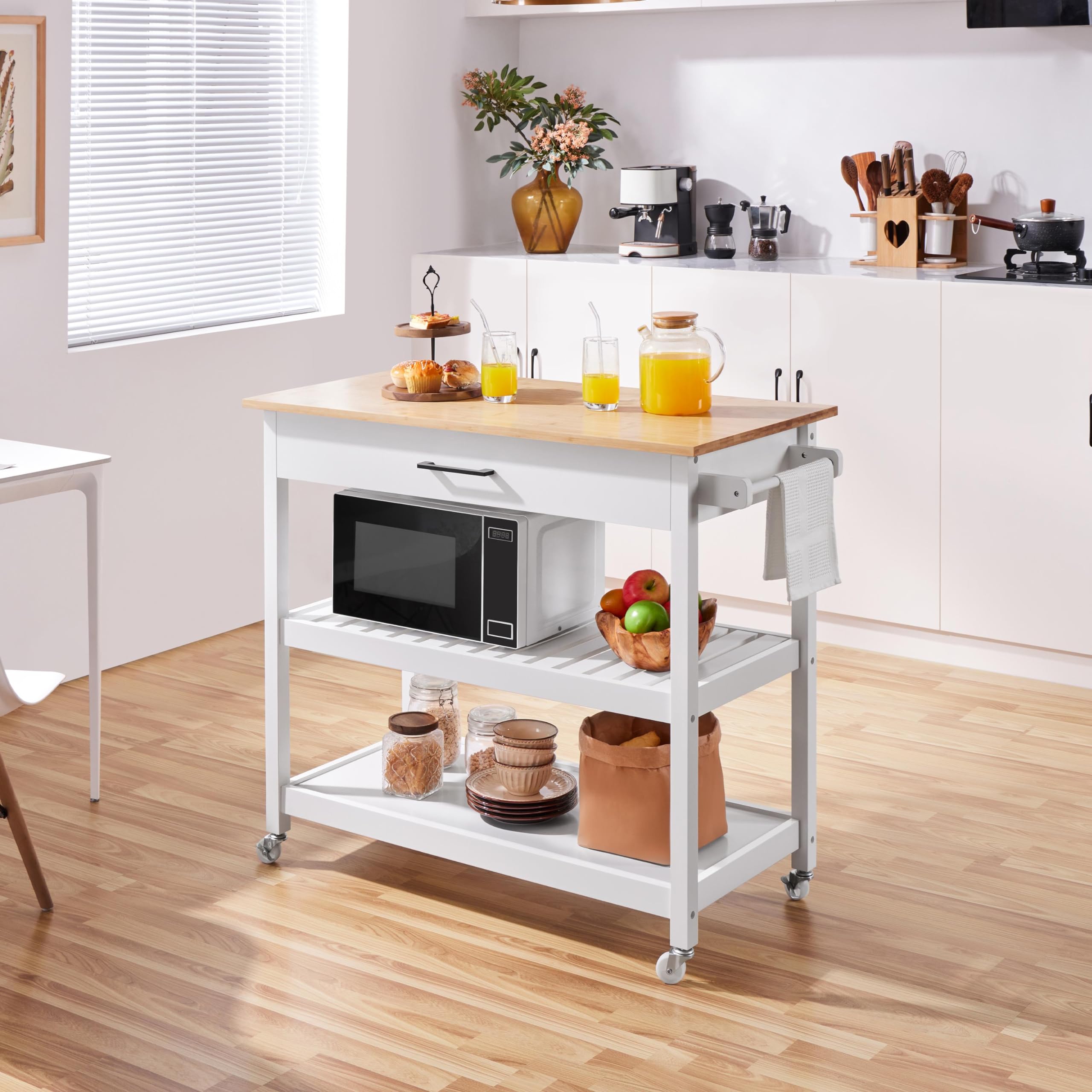 Yaheetech 40' Width Kitchen Island Cart On Wheels, 3 Tiers Rolling Utility Cart With Solid Wood Top And Drawer & 2 Spacious Storage Shelf, Serving Trolley For Dining Room, White