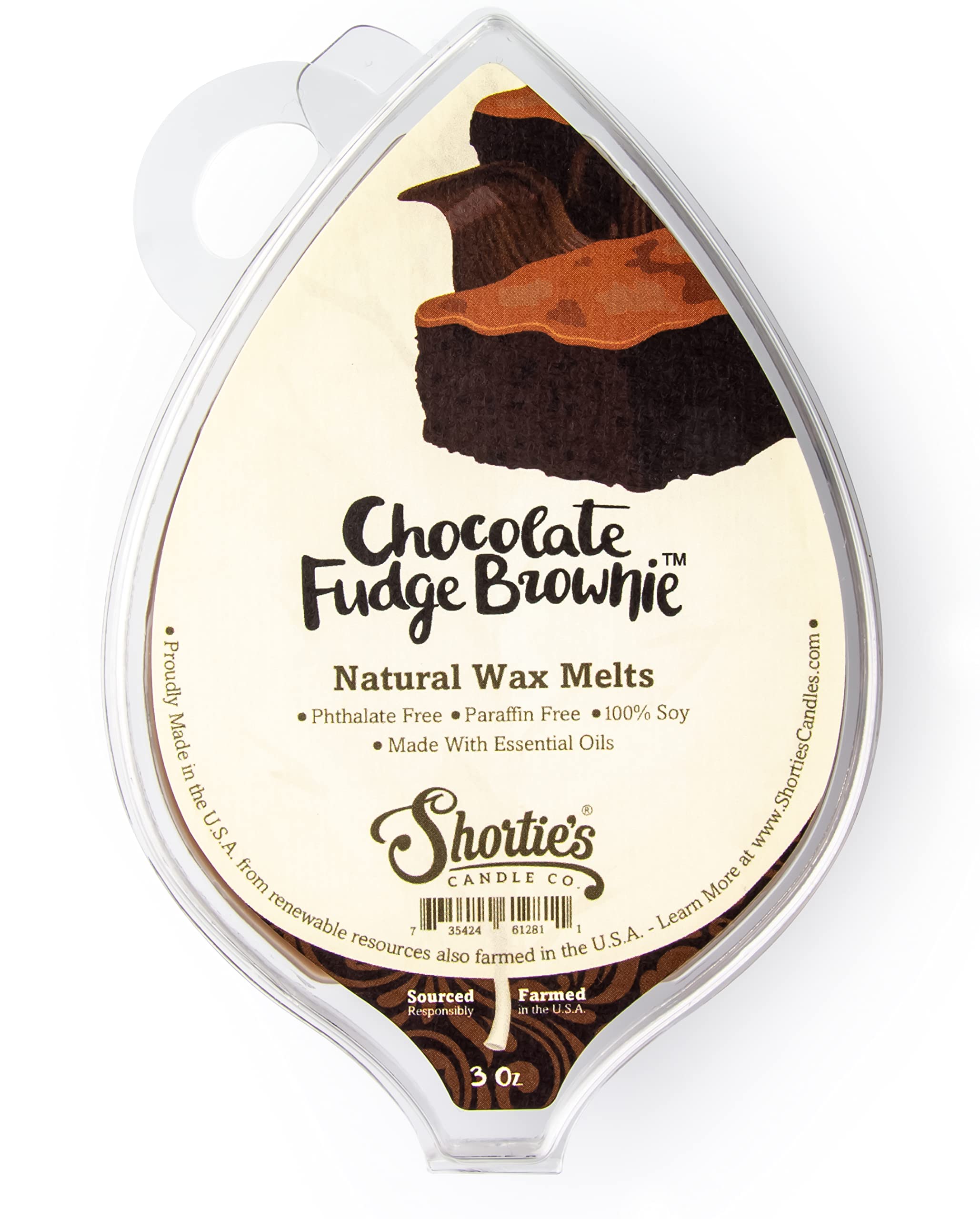 Shorties Candle Company Chocolate Fudge Brownie Natural Soy Wax Melts - 1 Highly Scented 3 Oz. Bar - Made with 100% Soy and Ess