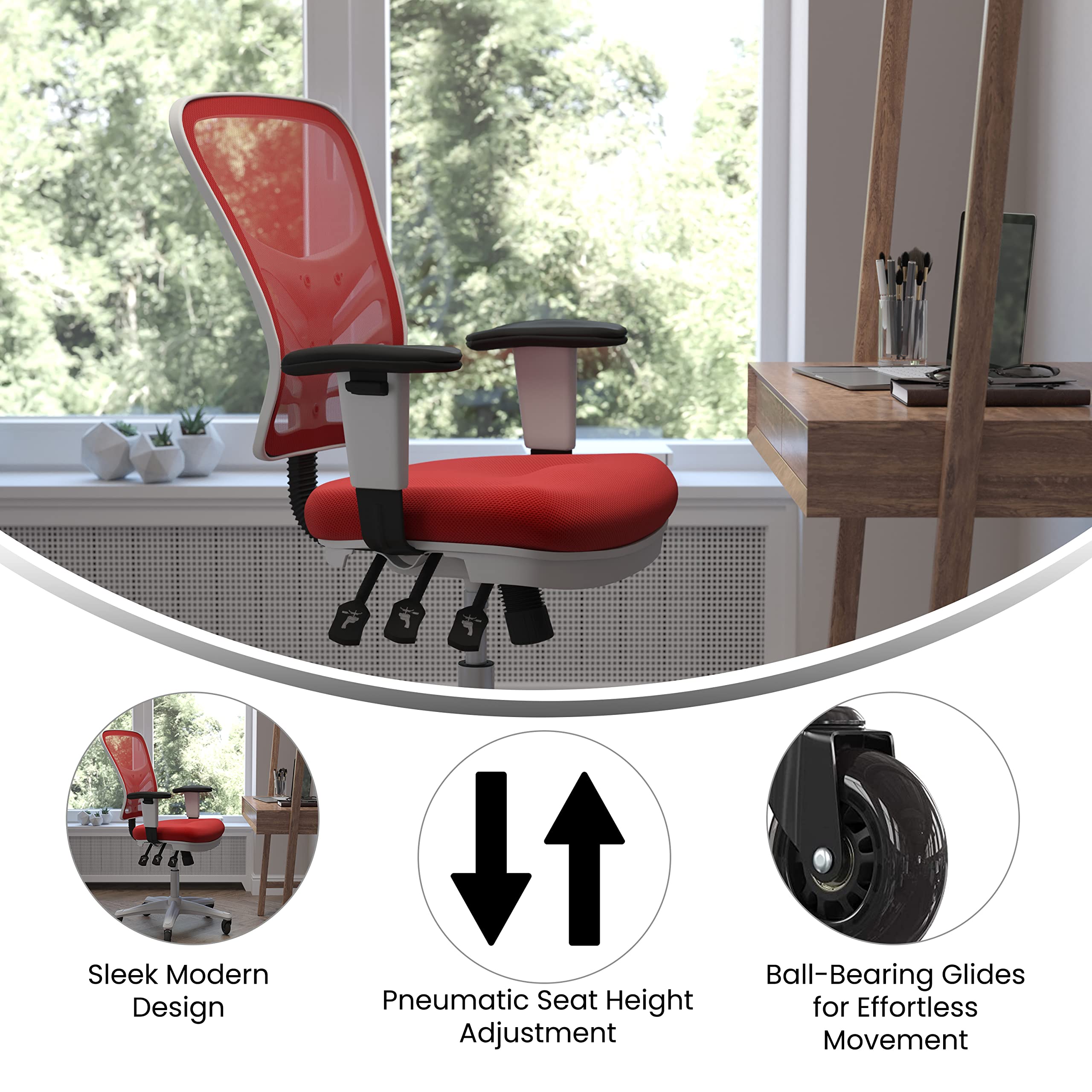 Flash Furniture Nicholas Mid-Back Red Mesh Multifunction Executive Ergonomic Office Chair With Adjustable Arms, Transparent Roller Wheels, And White Frame