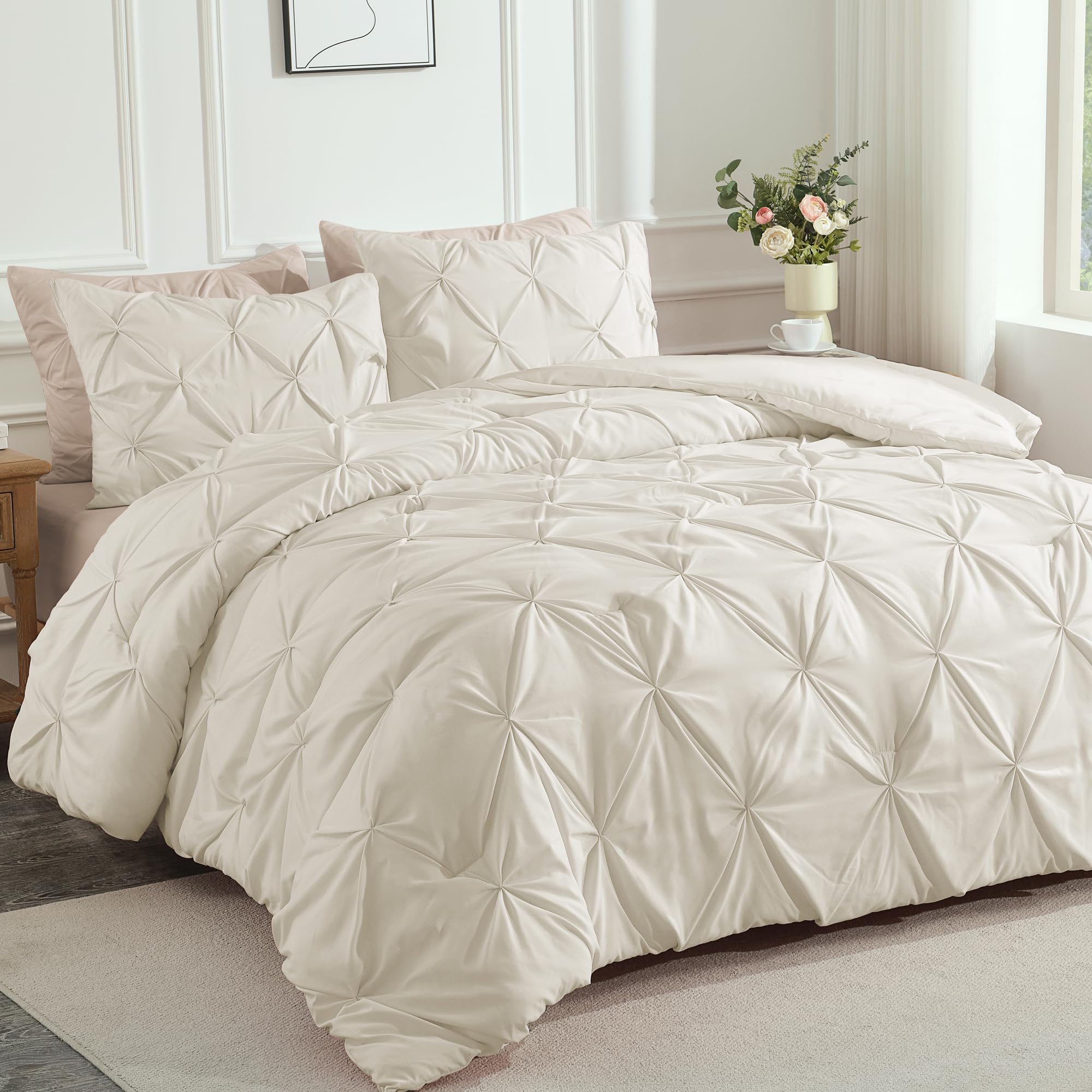Andency California King Comforter Set Beige (104X96Inch), Pinch Pleat Comforter Set 3 Pieces, Oversized King Pintuck Bed Comforter, Microfiber Down Alternative Comforter Bedding Set For All Season