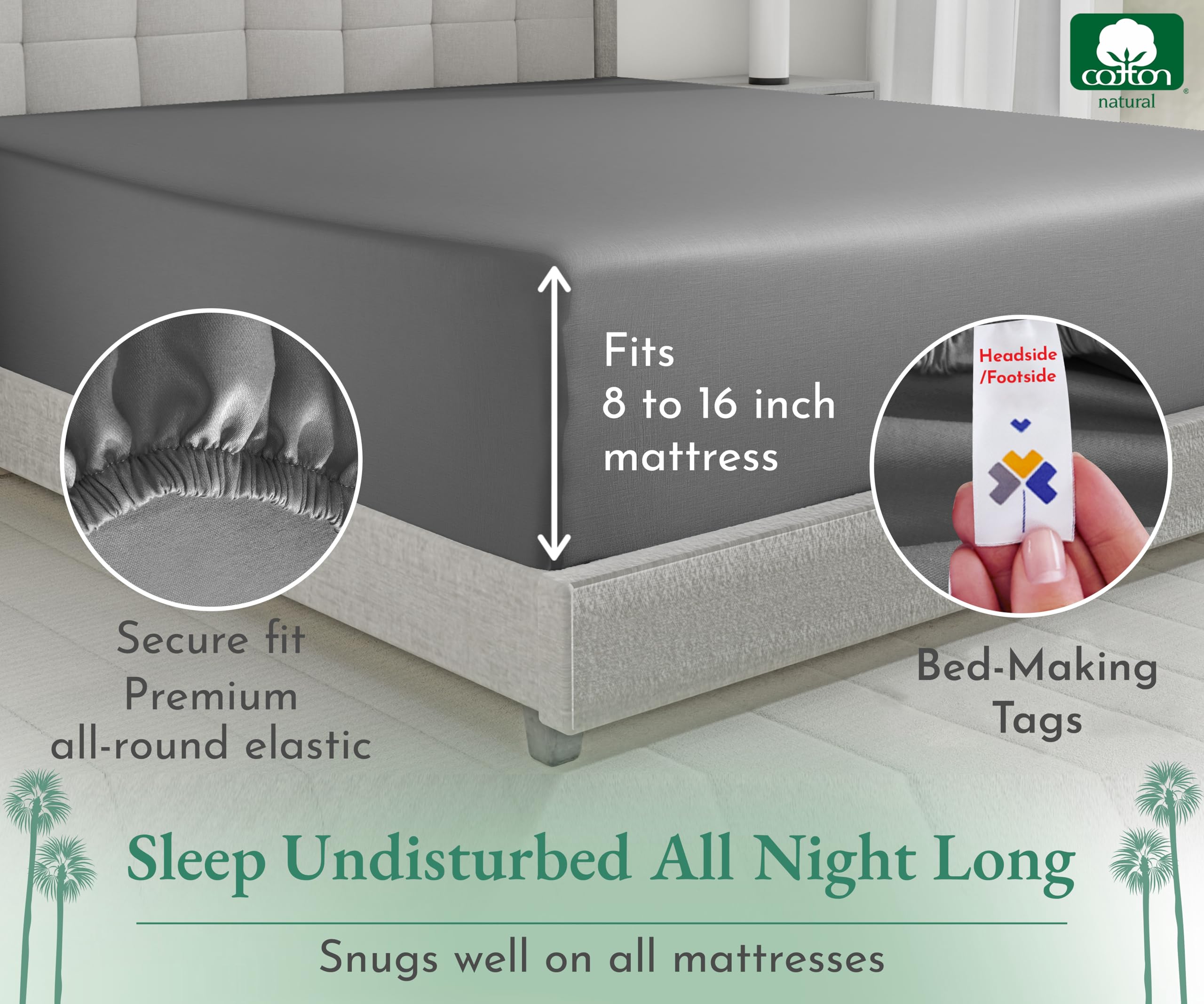 California Design Den Luxury Queen Size Fitted Sheet Only - 100% Cotton, 600 Thread Count, Soft Deep Pocket Bottom Fitted Sheet, Sateen Weave, Hotel Quality, Featuring Foot Side Indicator - Grey