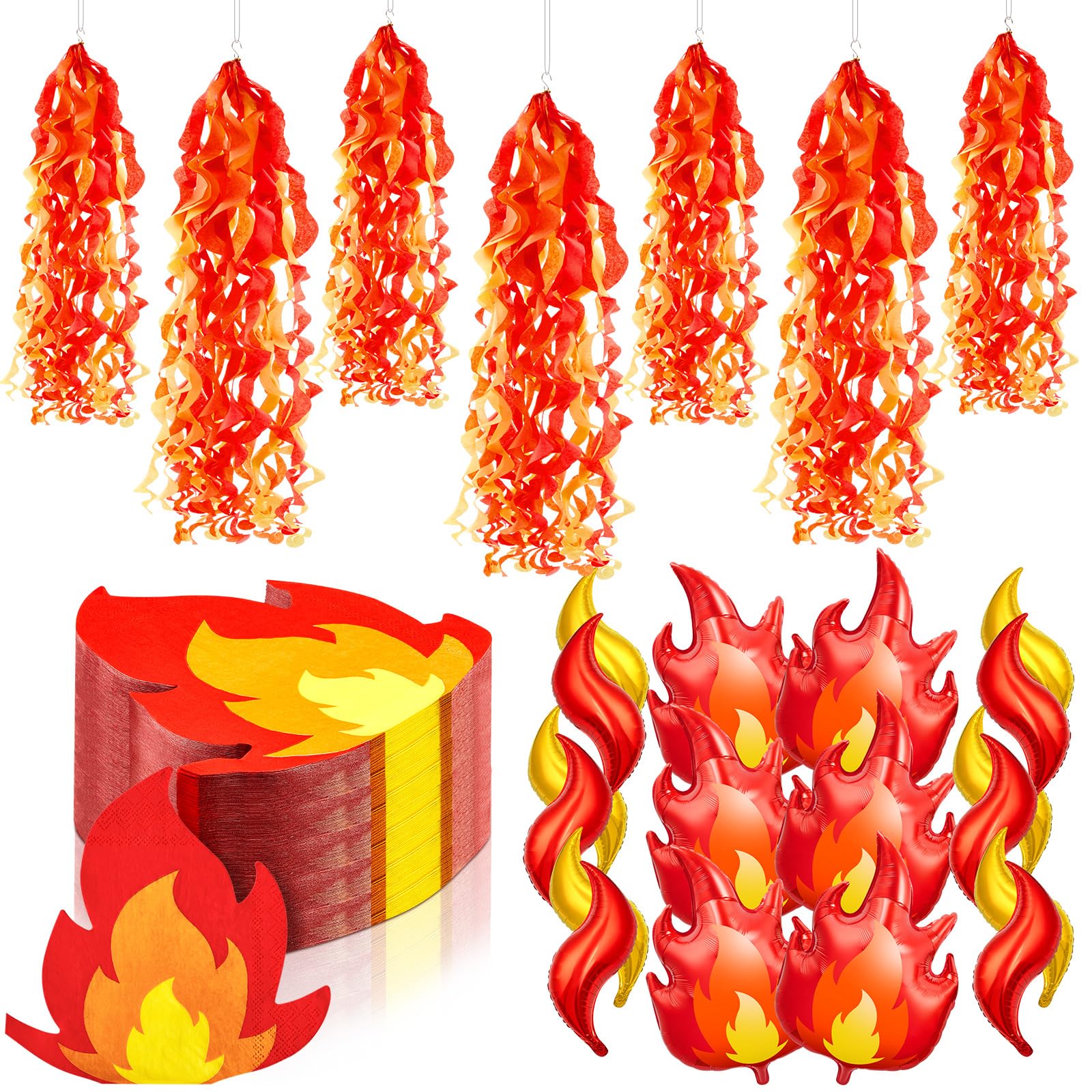 Blueweenly 74 Pcs Fire Party Decorations Include 18 Flame Balloons 6 Fire Paper Hanging Decorations and 50 Flame Napkins for Fir