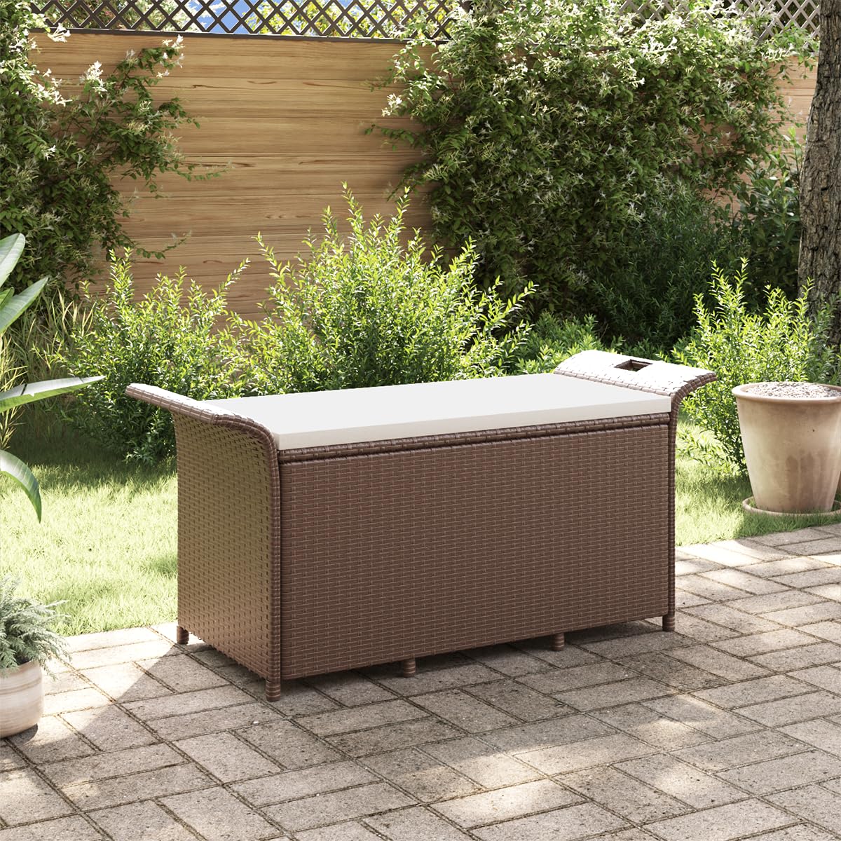 vidaXL Poly Rattan Storage Bench with Cushion, Indoor/Outdoor Ottoman Garden Bench, Waterproof Design, Easy Maintenance, 45.7" x 18.1" x 22.4" Brown