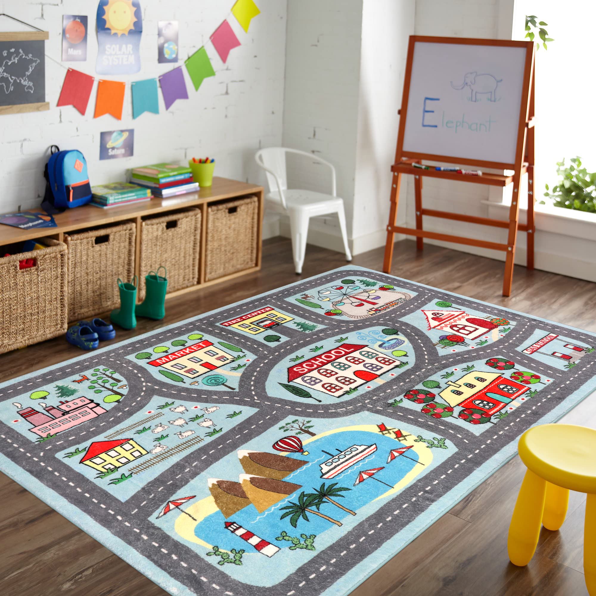 Livebox Large Playroom Rug 5'X7' Kids Play Mat For Classroom, Road Traffic Carpet For Boys Girls Playing Cars Toys, City Life Nu