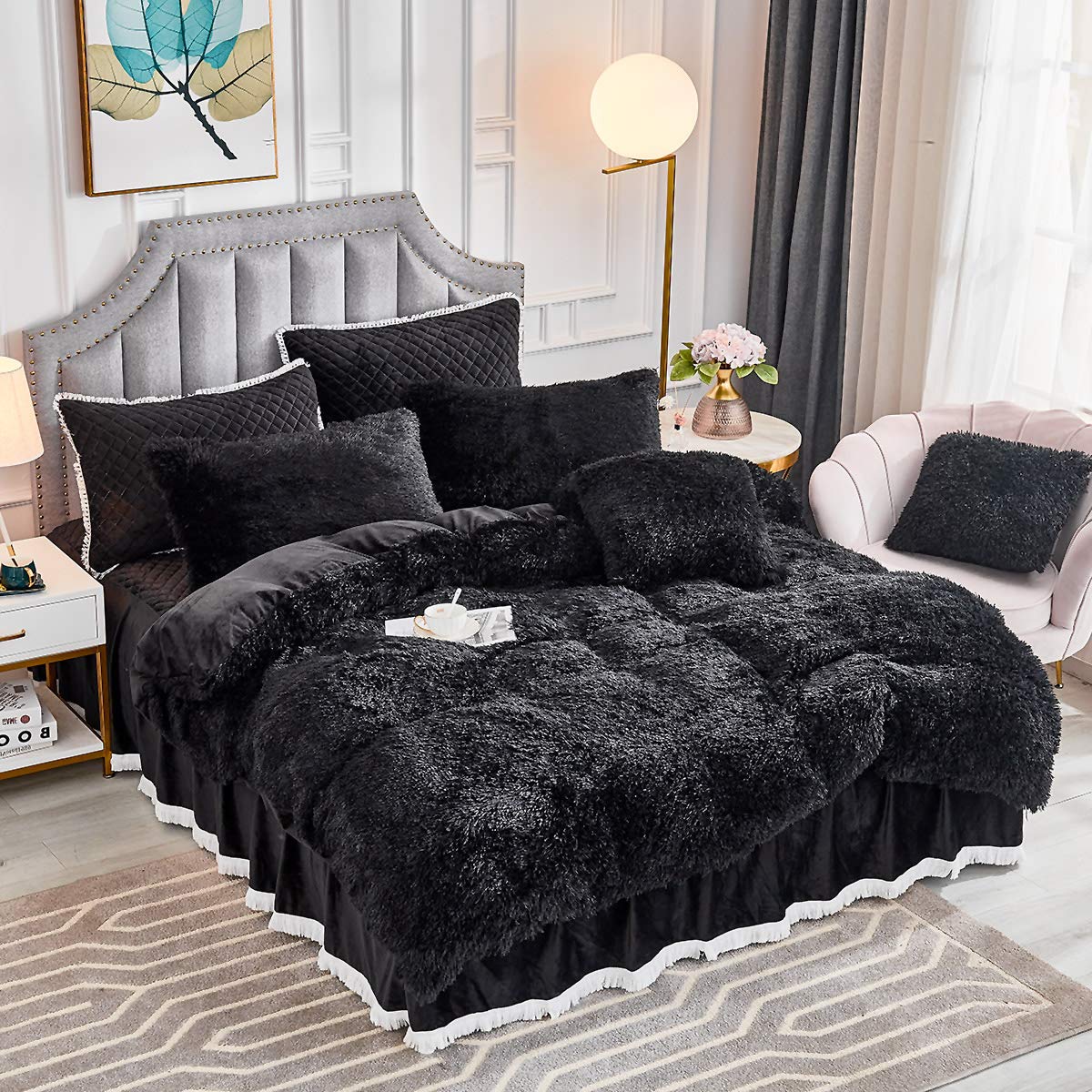 Jauxio Faux Fur Fluffy Comforter Duvet Cover With Pillowcases Luxury Shaggy Bedding Set Ultra Soft Crystal Velvet Reverse (Black