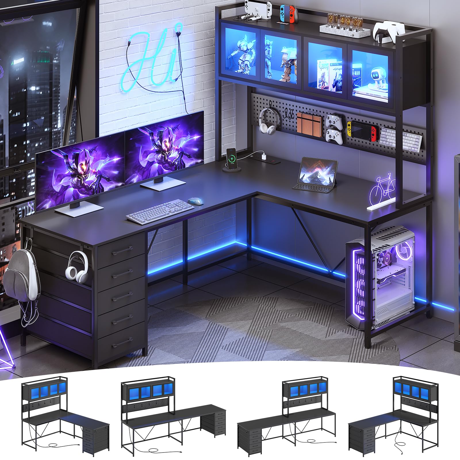 SEDETA L Shaped Gaming Desk with Drawers, L Shaped Computer Desk with Hutch and Storage Shelves, Gaming Desk with Pegboard, Led 