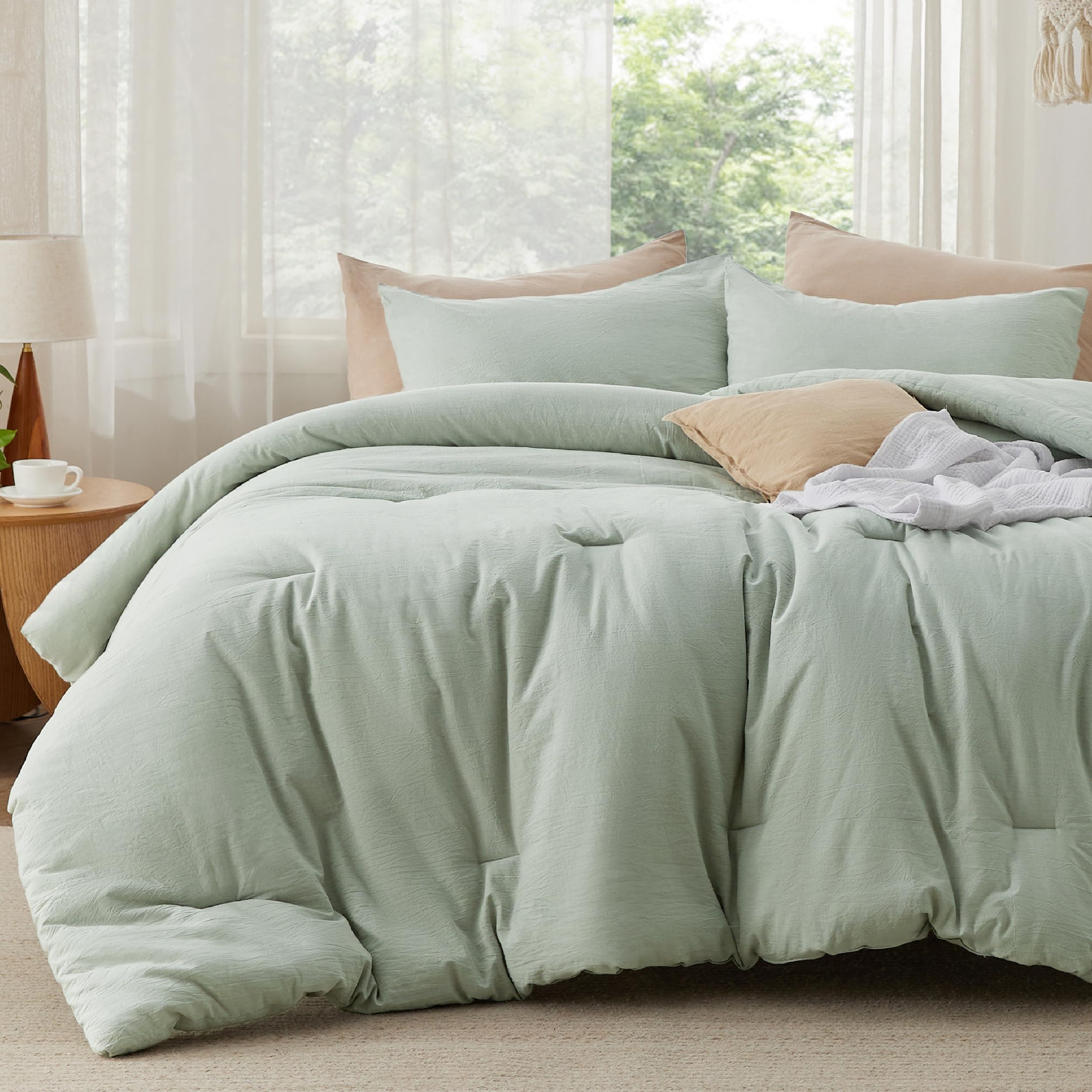 Bedsure Comforter Set King Size Sage Green - Cotton Fabric With Microfiber Inner Fill, King Comforter Set For All Seasons, 3 Pieces, 1 Comforter (104'X90') And 2 Pillow Cases (20'X36')