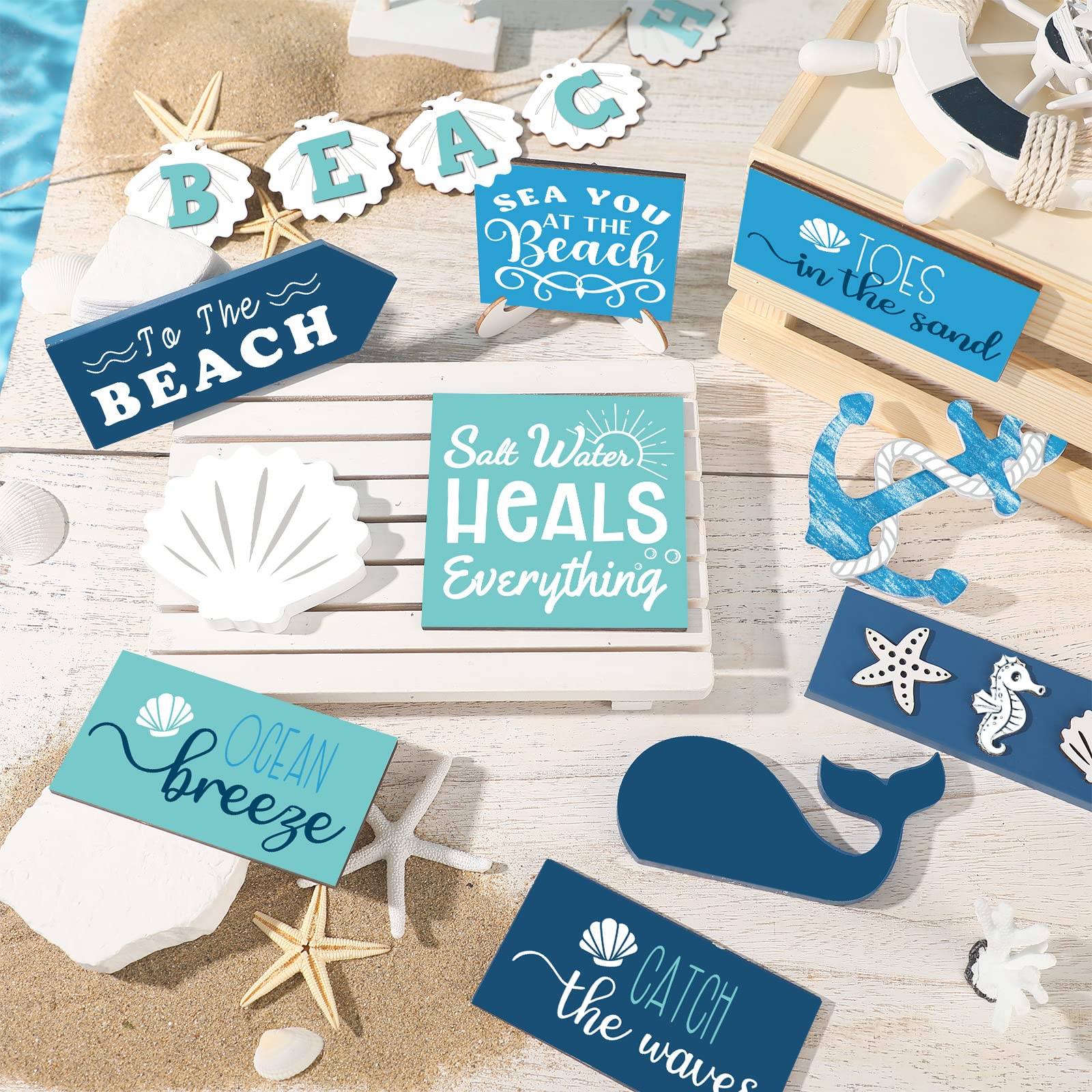 15 Pieces Summer Beach Tiered Tray Decor Set Farmhouse Ocean Wood Sign Rustic Beach Tiered Tray Decorations For Outdoor Kitchen