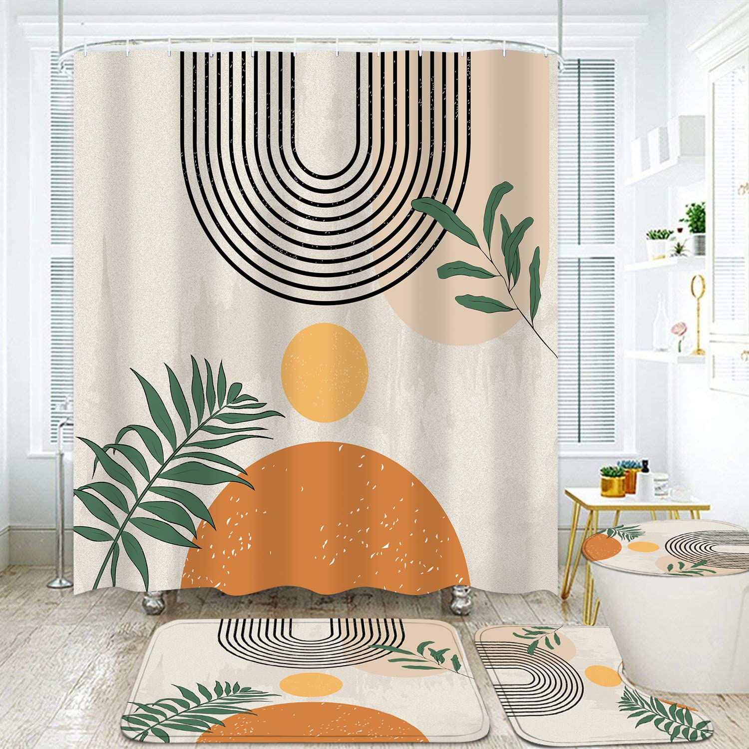 FZDHHY 4PCS Boho Shower Curtain Set Retro Orange Shower Curtain Bathroom Set with Rugs Abstract Shower Curtains for Bathroom wit