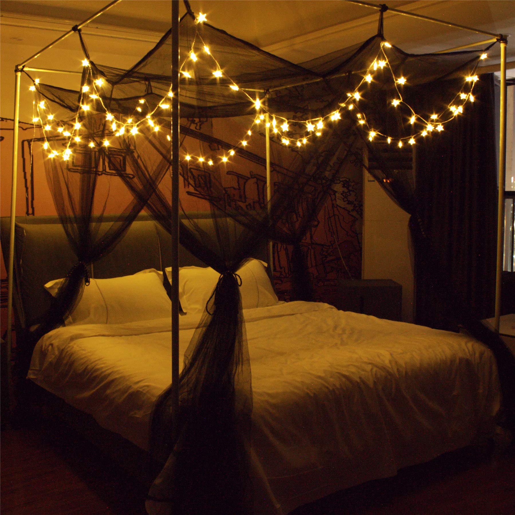 8 Corner Bed Canopy With 100 Led Star String Lights Battery Operated, Bed Netting Unique Style 4 Door Square Canopy Bed Curtains