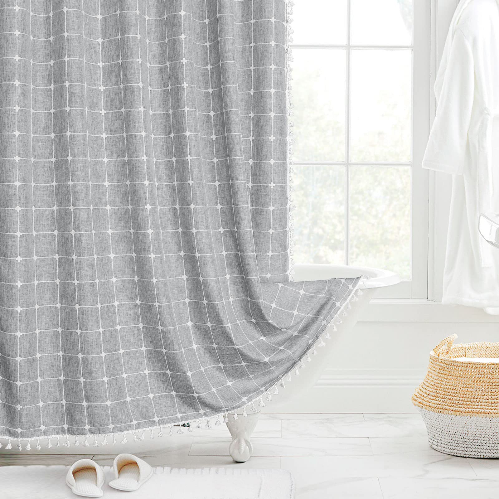 Mitovilla Modern Farmhouse Shower Curtain Set, Grey Boho Shower Curtains For Bathroom Decor, Vintage Rustic Thick Linen Fabric ,