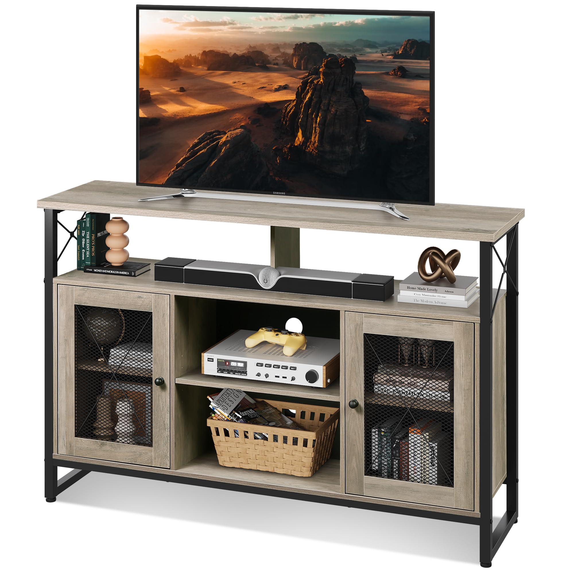 Wlive Tv Stand 55 Inch Tv, Tall Entertainment Center With Storage, Farmhouse Industrial Tv Console For Bedroom Living Room, Greige