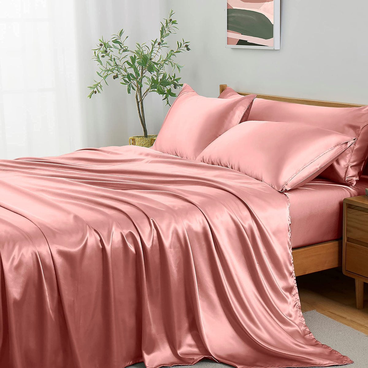 Entisn 5Pcs Silky Satin Sheets Set, Queen Size Satin Bed Sheets Set, Rose Gold Luxury Bedding Sets, Breathable & Ultra Soft Shee
