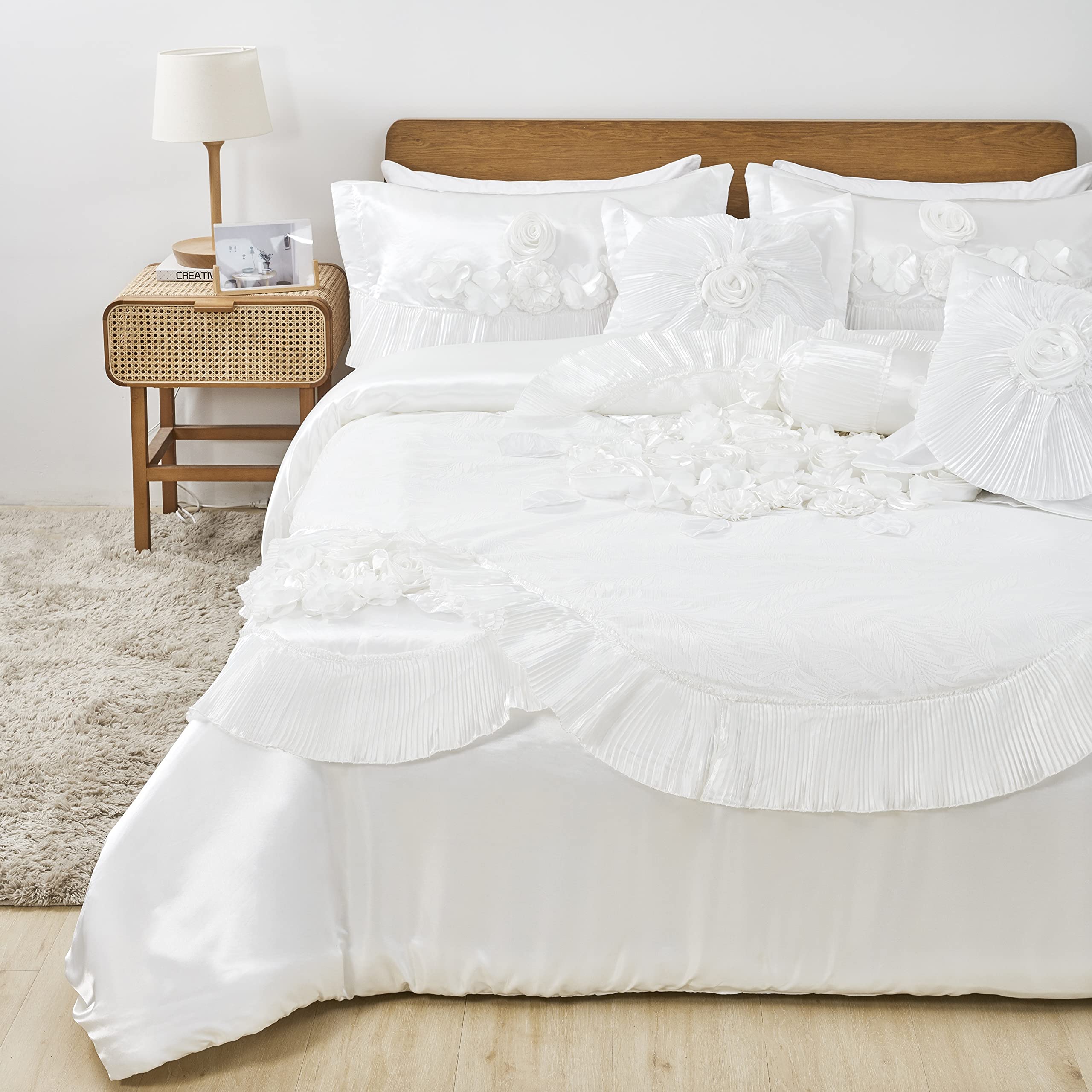 Tache Home Fashion White 6 Piece Solid Floral Satin Comforter Set, Queen, Sweet Victorian