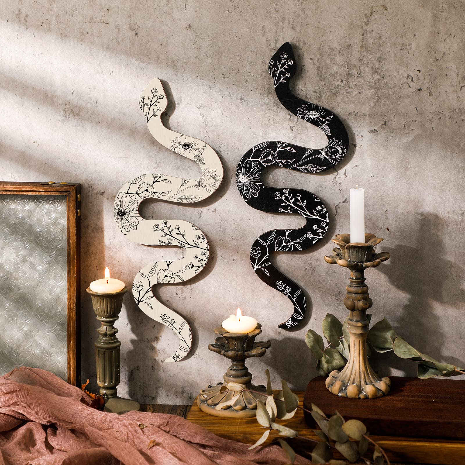 Set Of 2 Earthy Room Wall Decor Boho Witchy Cute Wooden Snake Decor Natural Aesthetic Witchy Desk Decor Altar Decor Frame Wall H