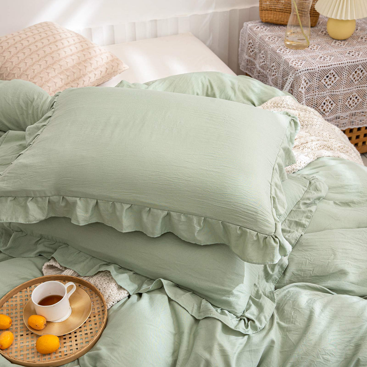 Sage Green Ruffle King Pillowcases Cute Pillowcases Set Of 2 Green Pillow Shams 2 Pack (King (20'X36'), Sea Green)