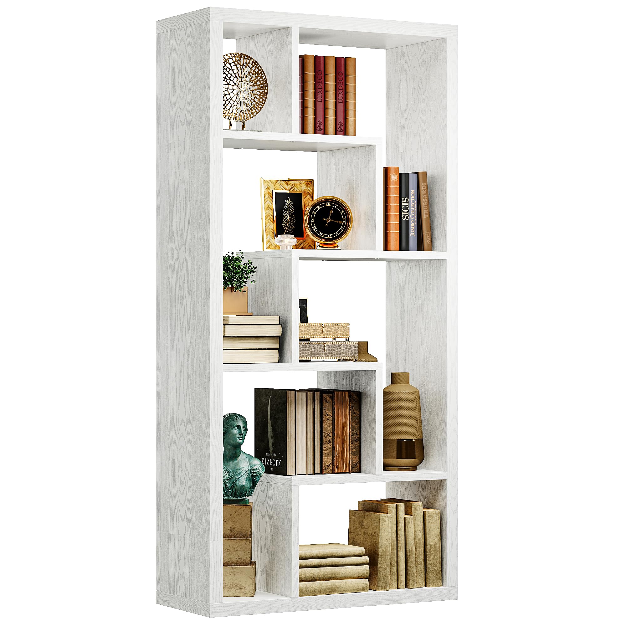 IRONCK Geometric Bookcase 6-Shelf Industrial Bookshelf White Etagere Bookcase Tall Storage Display Bookshelf with Thicken Shelf 