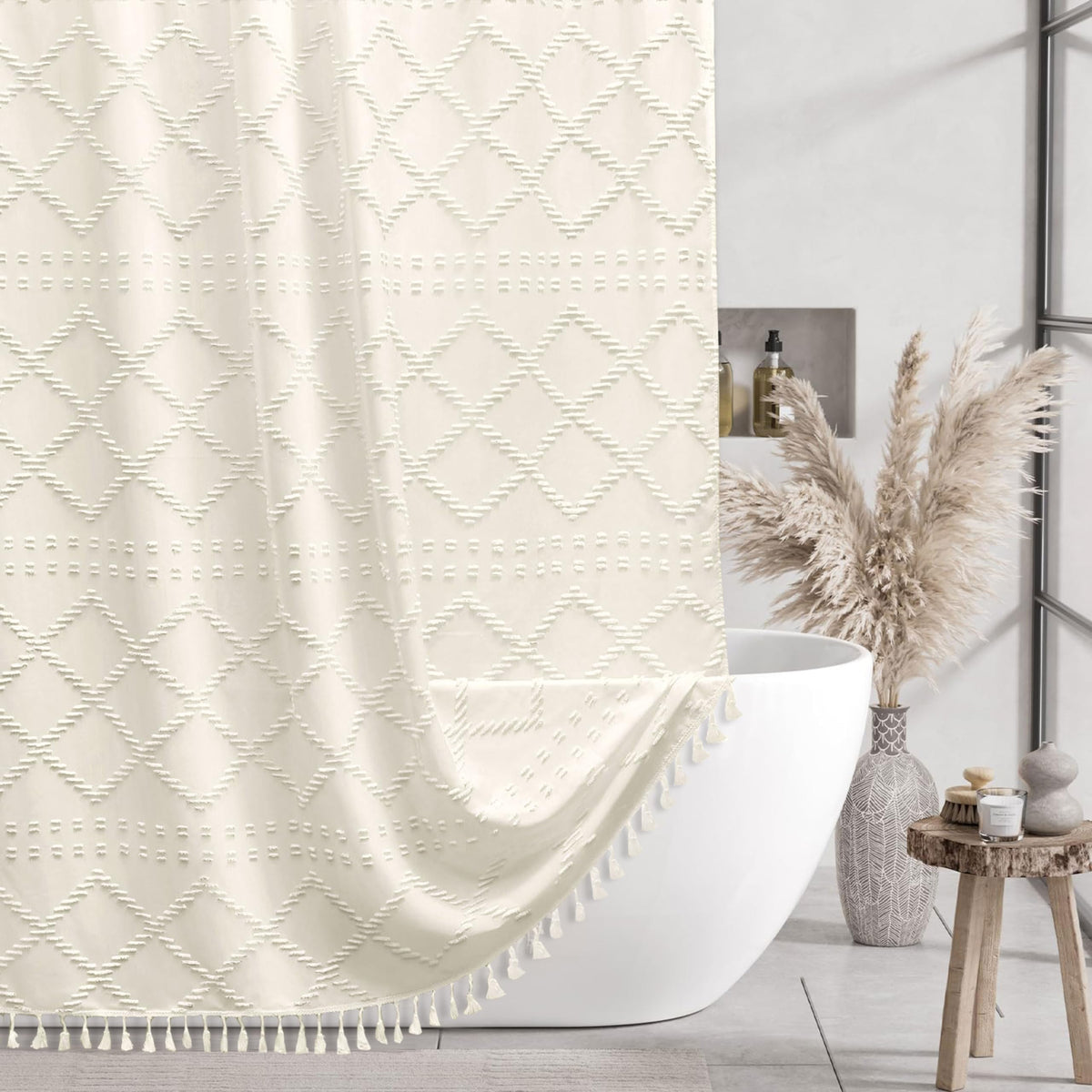 Siiluminisoy Extra Long Cream Boho Shower Curtain Woven Fabric Cute 84 Inch Shower Curtain, 72 X 84 Tufted Chevron Textured Stri