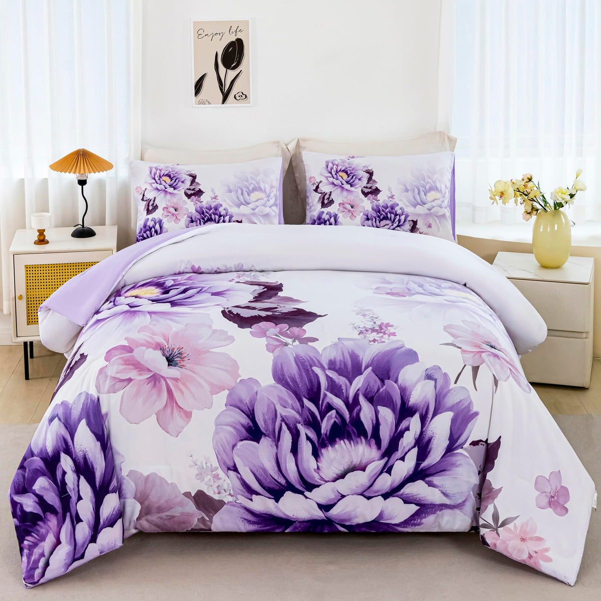 Rynghipy Purple Floral Comforter Set: Lightweight Soft Bedding Comforter Sets For All Season - Farmhouse Flower Bedding Set Quee