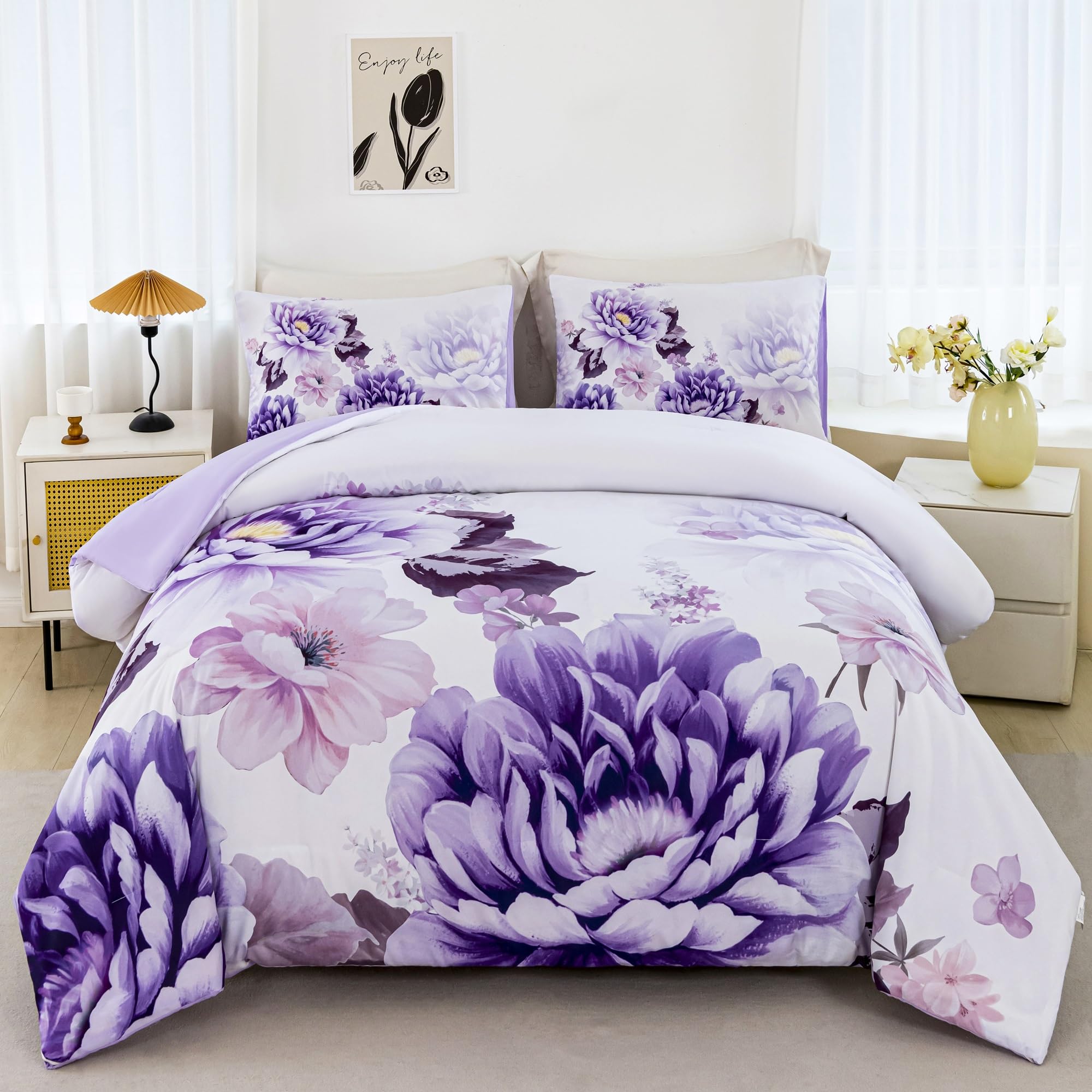Rynghipy Purple Floral Comforter Set: Lightweight Soft Bedding Comforter Sets For All Season - Farmhouse Flower Bedding Set Quee