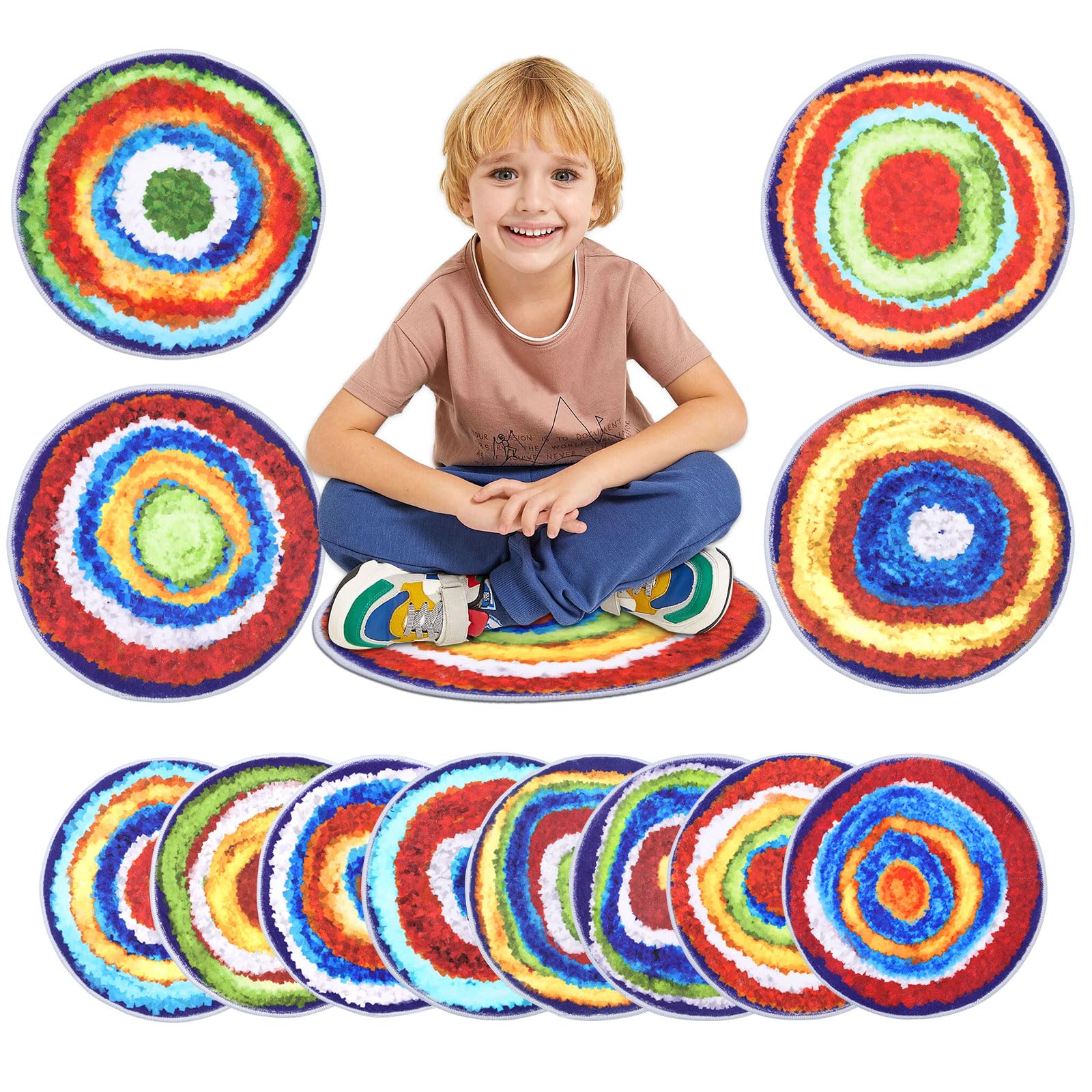 Hiiarug Carpet Circles Kids Rug 16' Rainbow Crazy Carpet Circle Seats Pre-School Classroom Accessories 12Pcs Round Carpet Seats