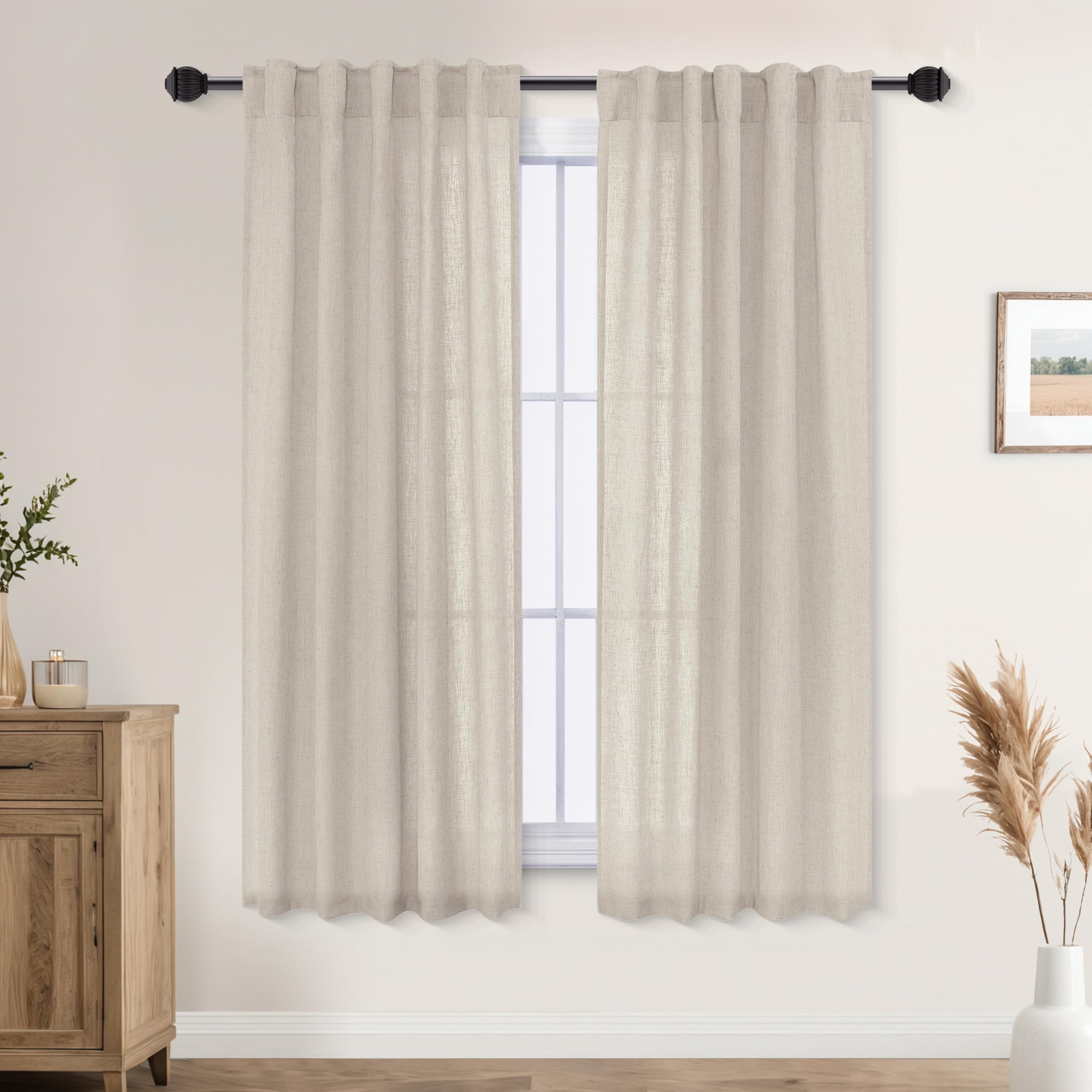 Mrs.Naturall Tan Beige Short Curtains For Bedroom Small Windows,Sheer Linen Privacy Curtain 54 Inch Long For Living Room Bathroom Window