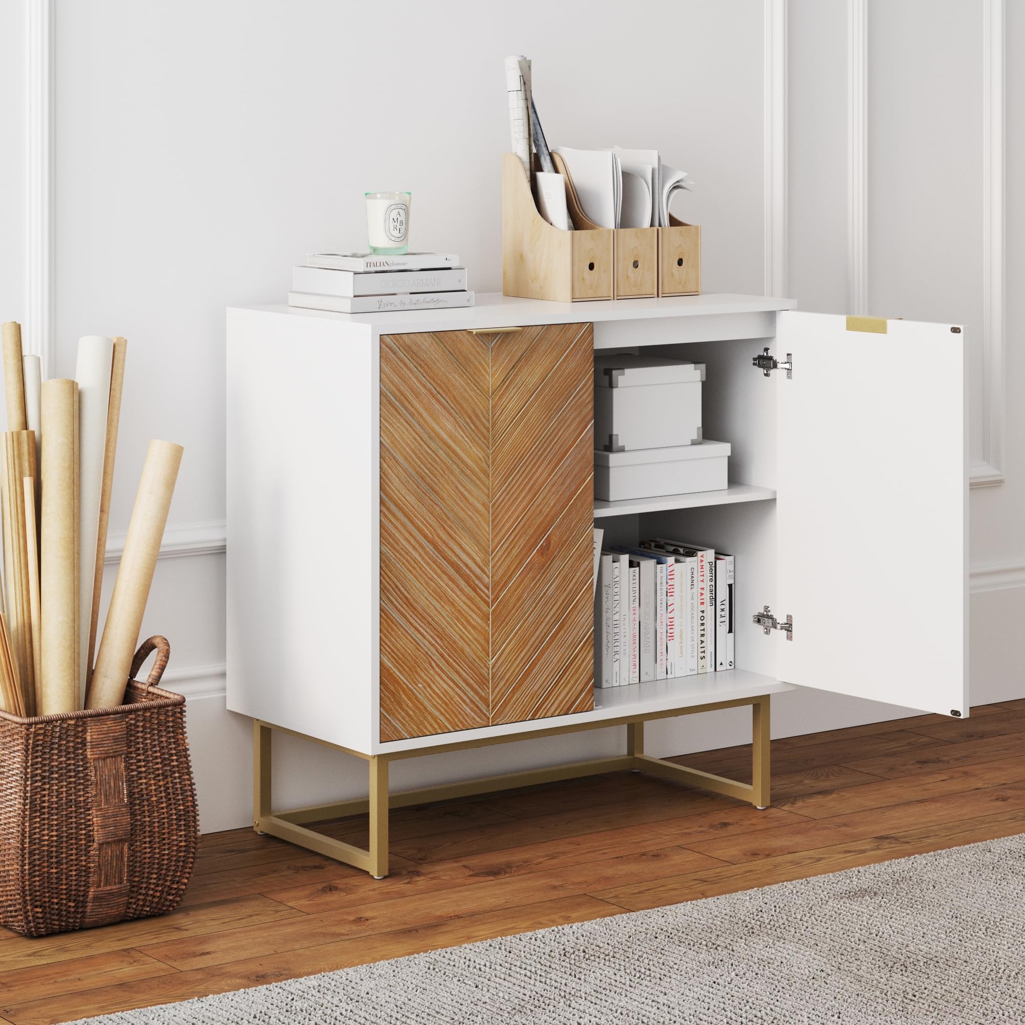Nathan James Enloe Modern Storage Free Standing Accent Cabinet White With Doors In A Rustic Pine Wood Finish And Gold Powder-Coated Metal Base For Hallway, Entryway Or Living Room, Brown/White/Gold