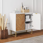 Nathan James Enloe Modern Storage Free Standing Accent Cabinet White With Doors In A Rustic Pine Wood Finish And Gold Powder-Coated Metal Base For Hallway, Entryway Or Living Room, Brown/White/Gold