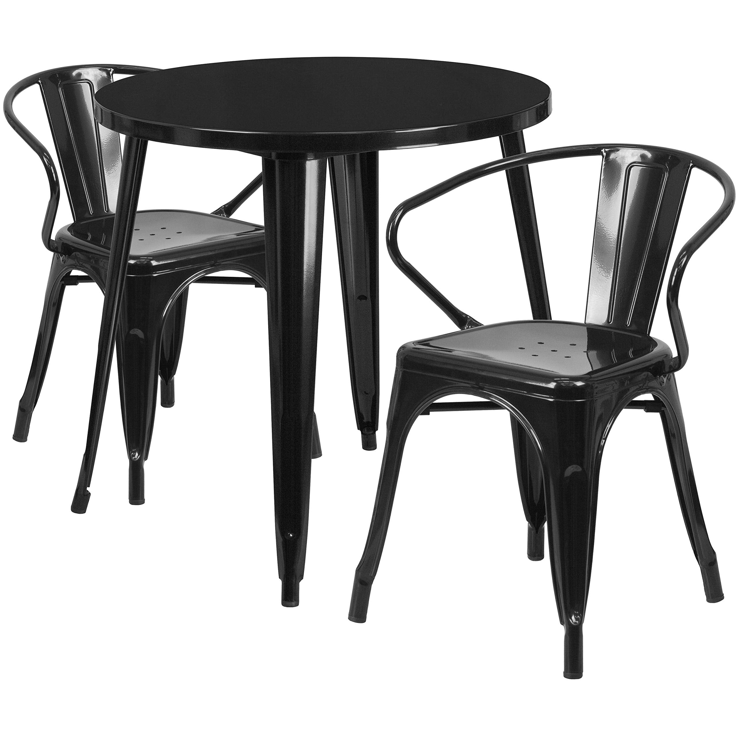 Flash Furniture Conrad Commercial Grade 30&quot; Round Black Metal Indoor-Outdoor Table Set with 2 Arm Chairs