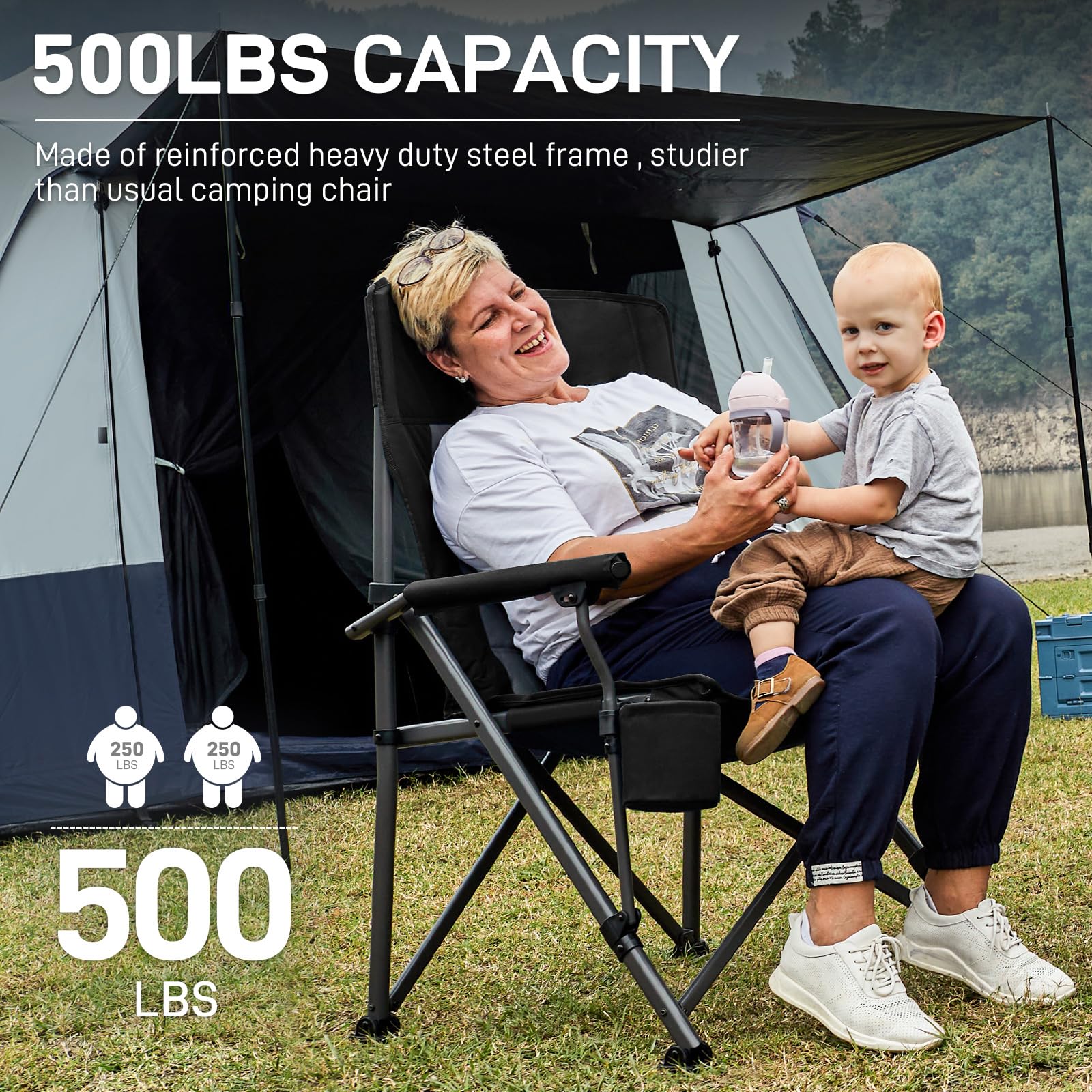 Ever Advanced Oversized Folding Camping Chair For Adults, Heavy Duty Lawn Chair With Side Pockets, Portable Collapsible Quad Chair For Outside, Support Up To 500Lbs, Black