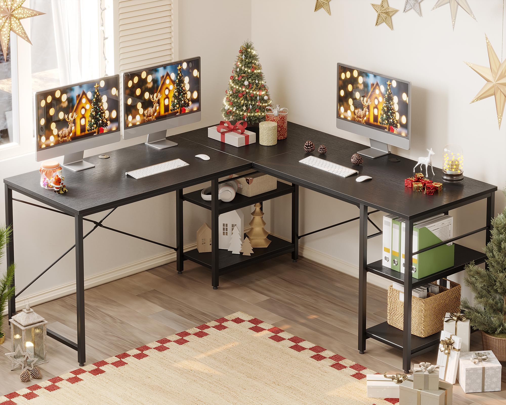 Bestier 95.2” L Shaped Desk, Reversible Corner Computer Desk Or 2 Person Long Table With Adjustable Shelves, Large Writing Study Workstation With 3 Cable Holes - Black