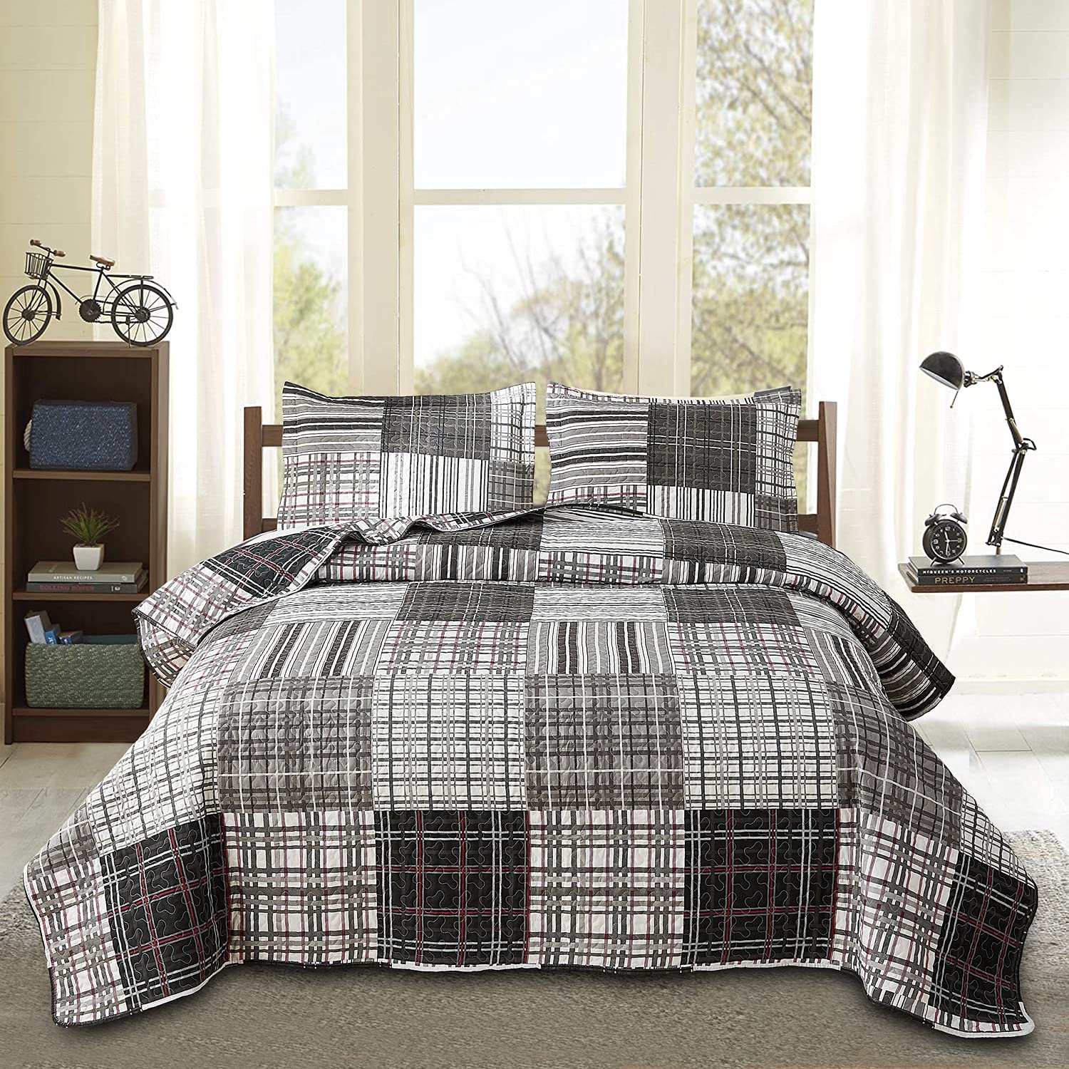 Bedspread Set King Size Quilt Set Plaid Bed Spread Coverlet Black White Grey Plaid Patchwork Stripe Modern Quilt Bedspread Beddi