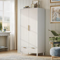 VINGLI Fluted Wardrobe Closet Armoire with Doors And Drawers, White Wardrobe Cabinet with Hanging Rack, Bedroom Closet Wood, Fre