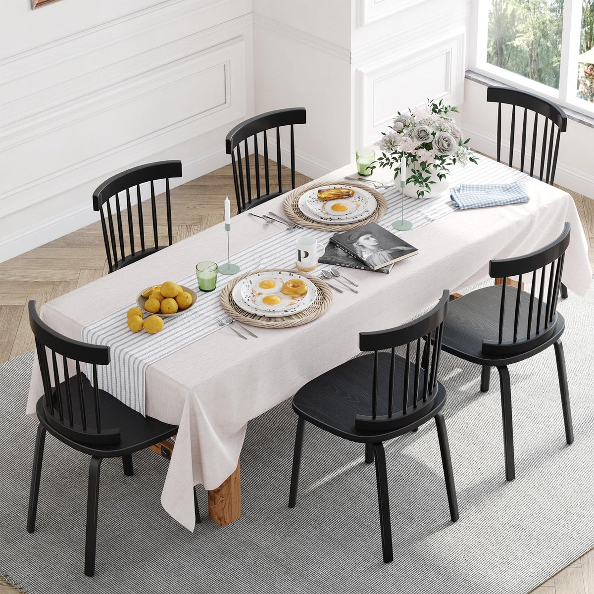 Unovivy Black Wooden Dining Chairs Set Of 6, Windsor Farmhouse Spindle Back Dining Room Chairs For Kitchen, Living Room, Restaur