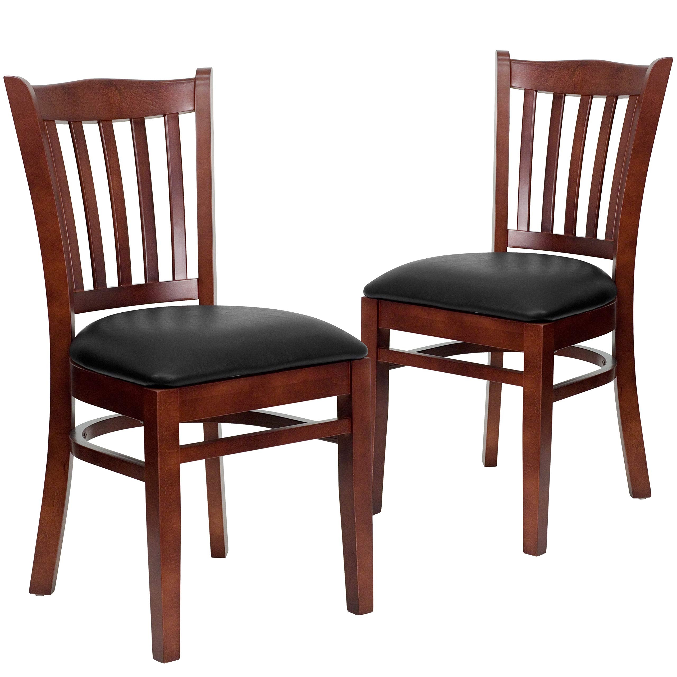 2 Pk. Mahogany Finished Vertical Slat Back Wooden Chair - Black Vinyl Seat