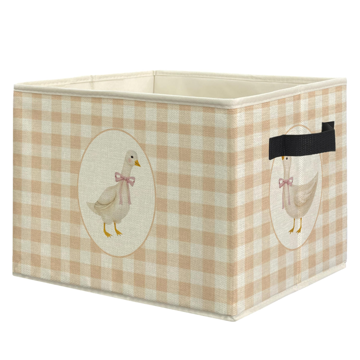 EVIHCG Pink Bow Goose Checkered Storage Bins Box with Handles, Beige and White Gingham Plaid Goose Collapsible Laundry Basket Ha