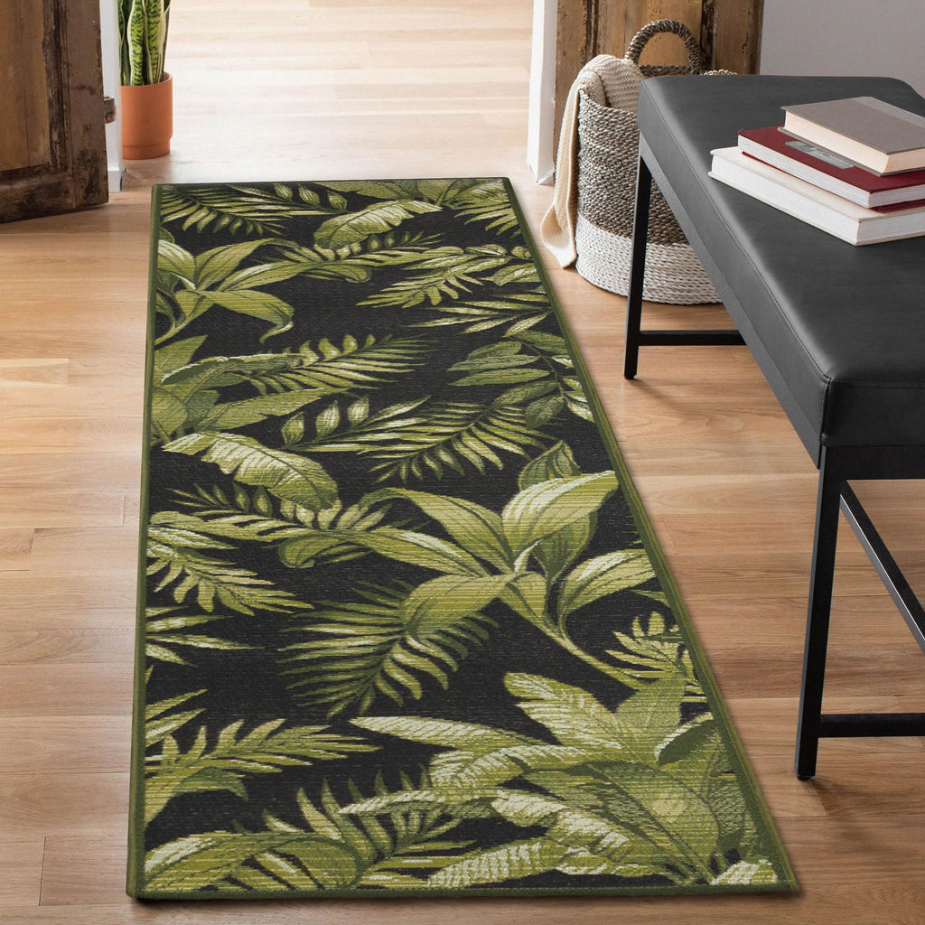 Liora Manne Marina Indoor/Outdoor Power Loomed Synthetic Blend Low Profile Area Rug - Transitional Graphic Botanical Beach Camping (Jungle Leaves Black) (1'11' X 7'6')